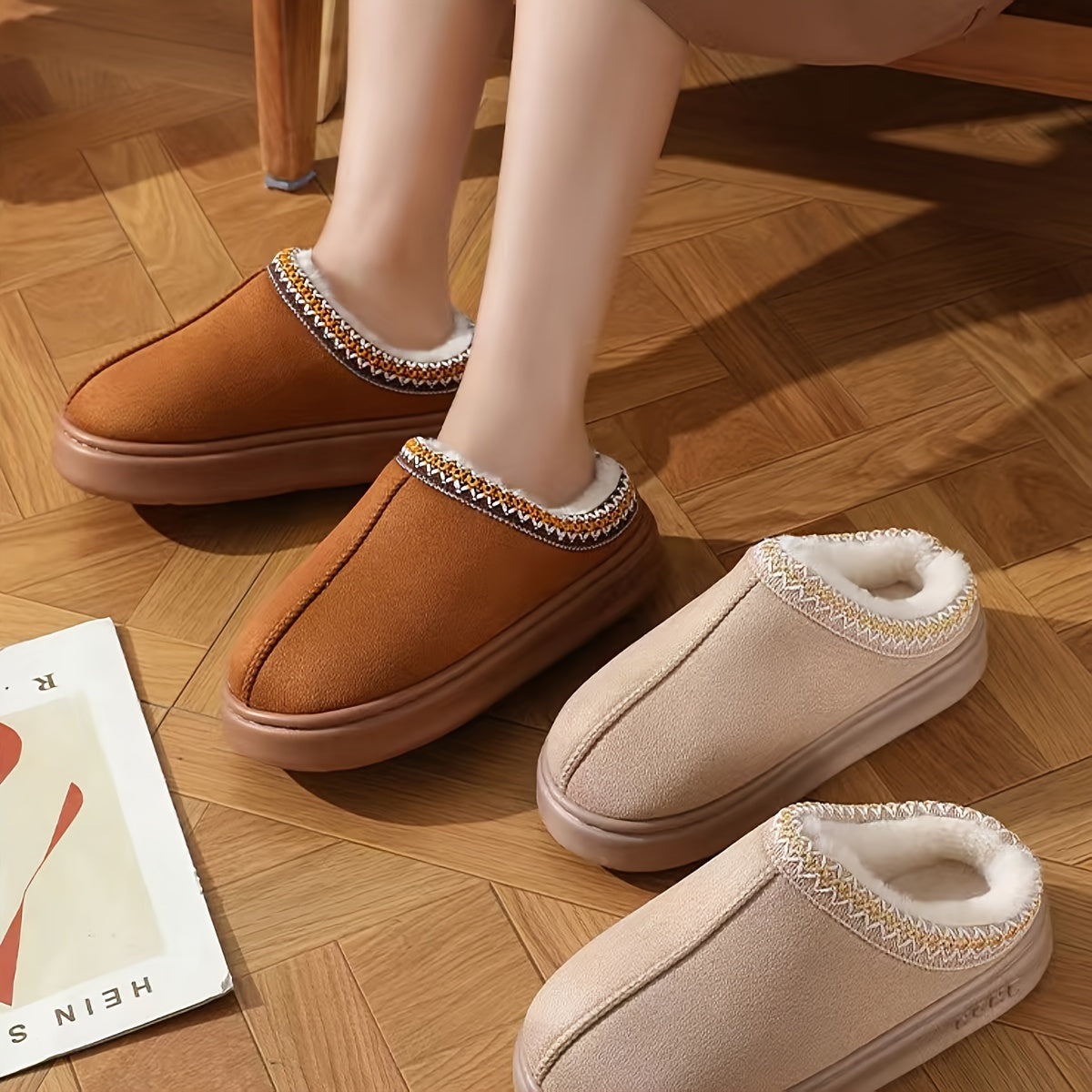 Zapatillas de estar por casa con slip-on para hombres y mujeres, tela cálida, suela de EVA, lavables a máquina