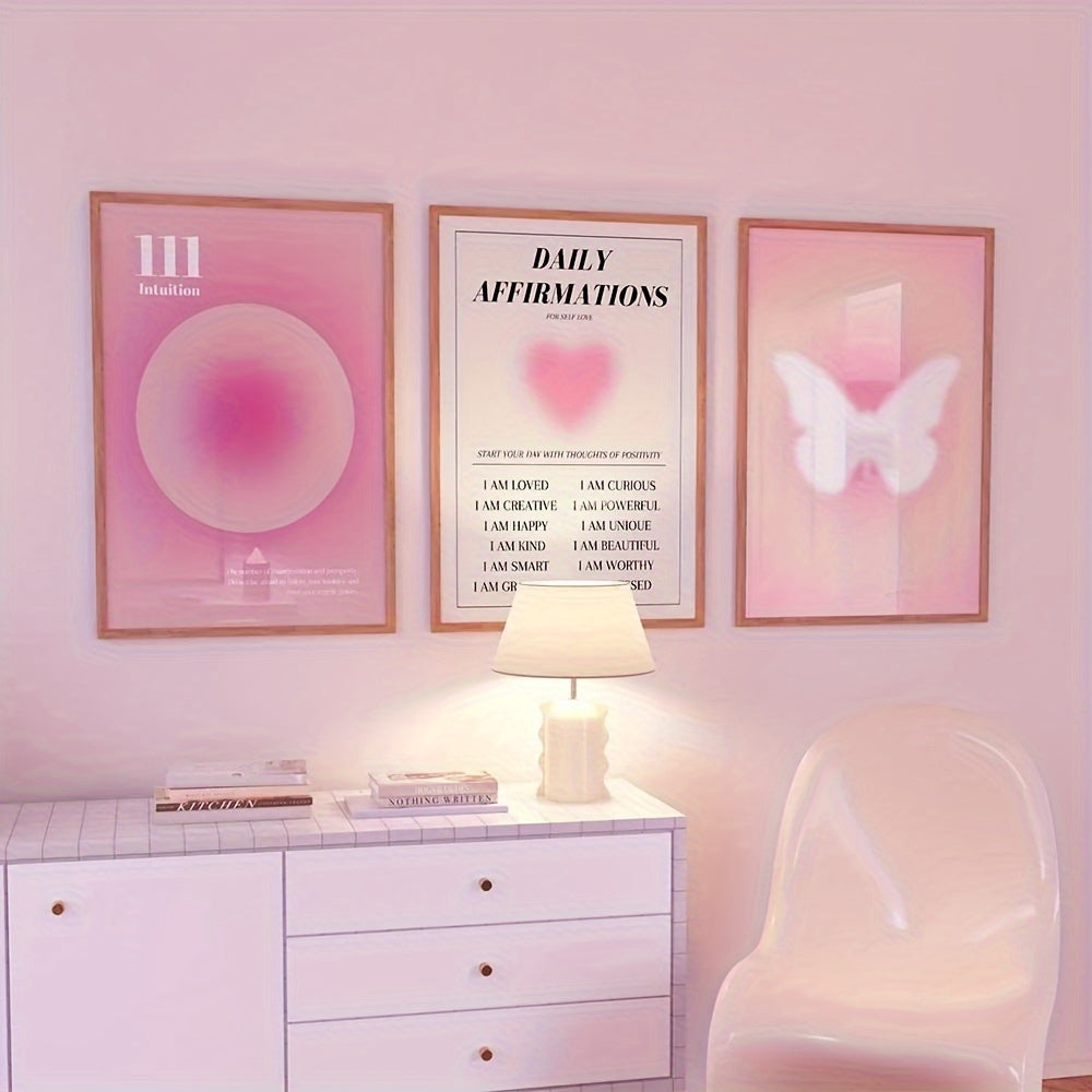 Yengil pushti halo bosma devor san'ati to'plami, Sevgi kapalak halo moda plakat, Zamonaviy qiz xonasi moyli rasm, Yotoqxona uy bezaklari (ramkasiz)