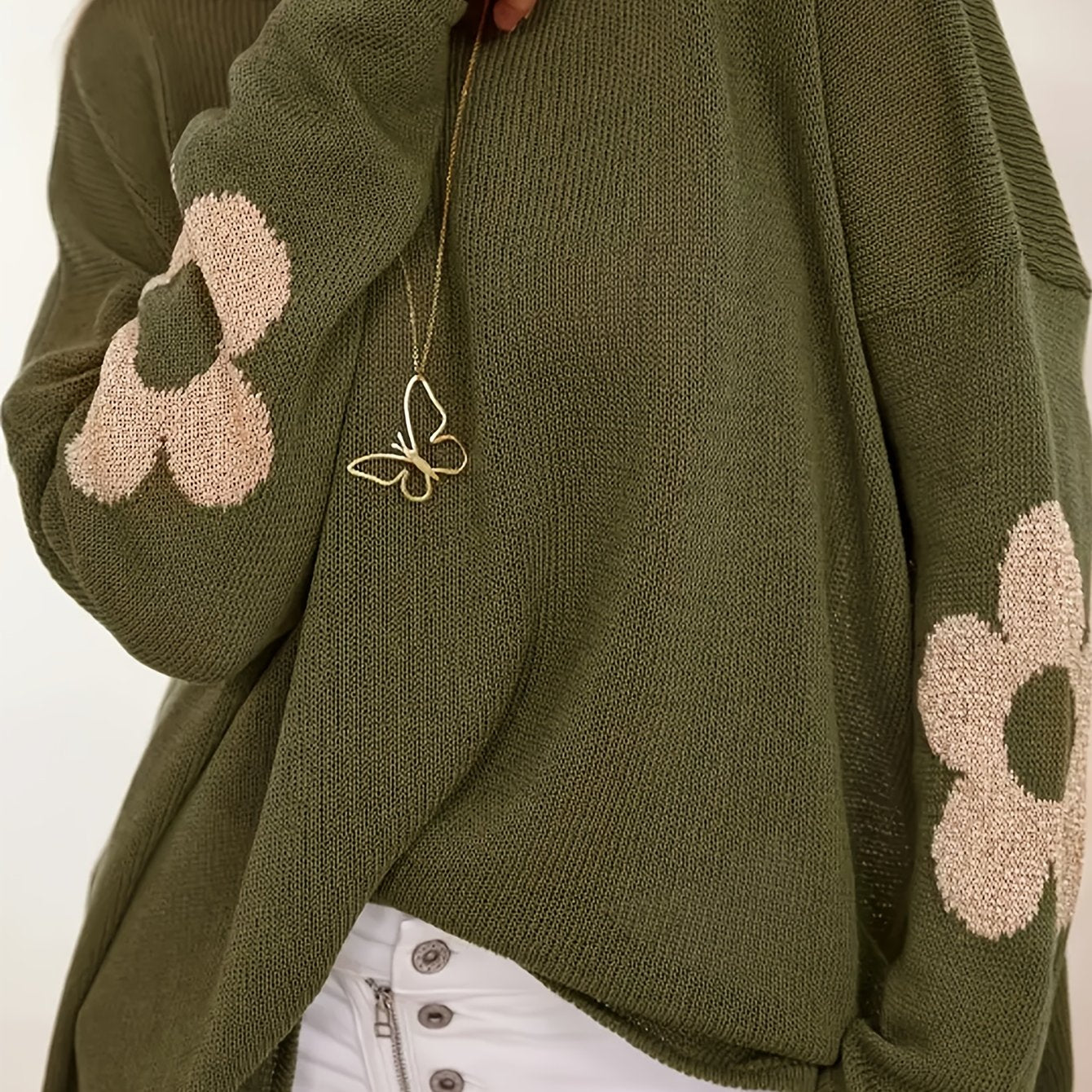 Plus Size Women's Olive Green Jacquard Sweater Long Sleeve Round Neck Autumn Winter