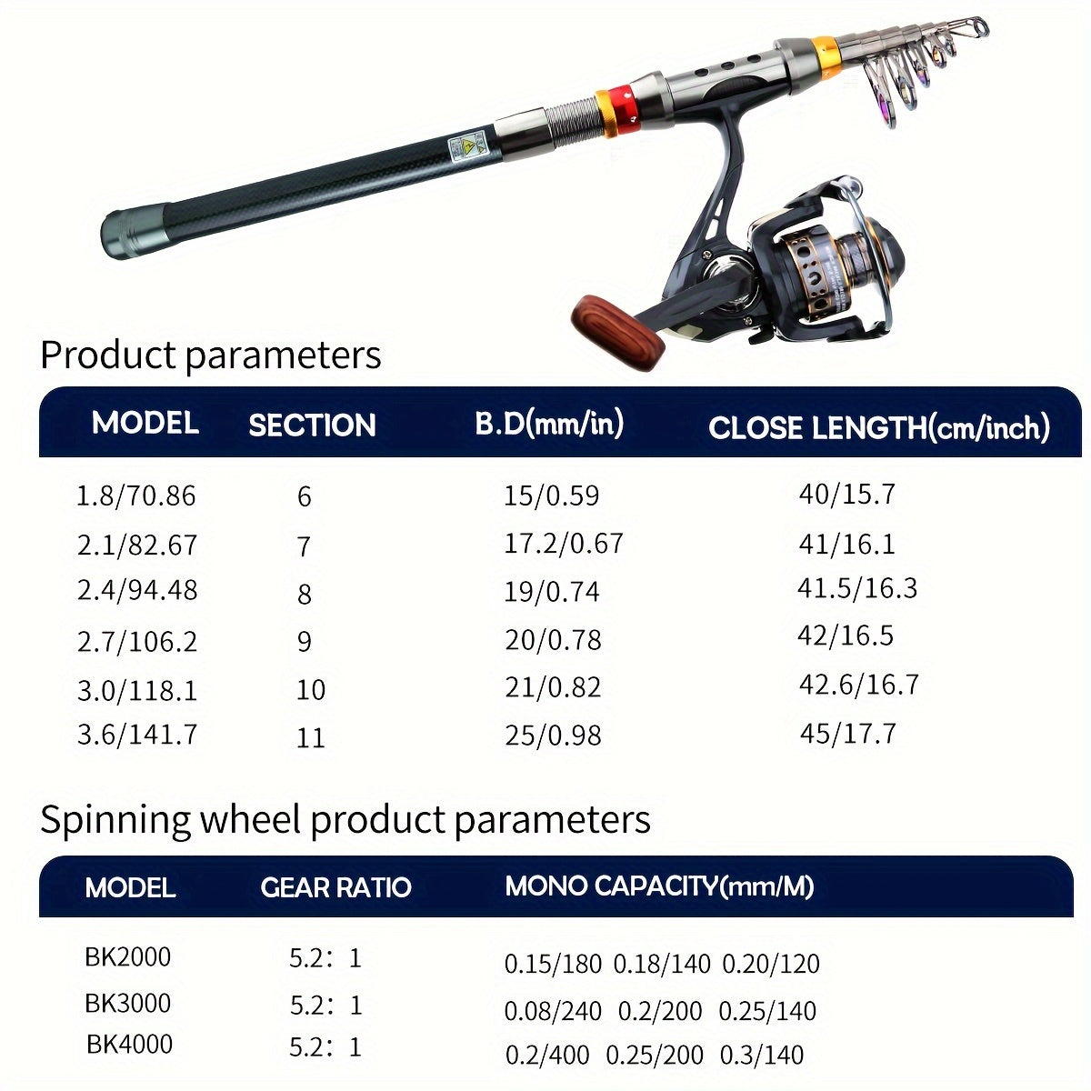 Telescopic Fishing Rod Combo Black 1.8-3.6m with Bait Hooks Lures Carrying Case