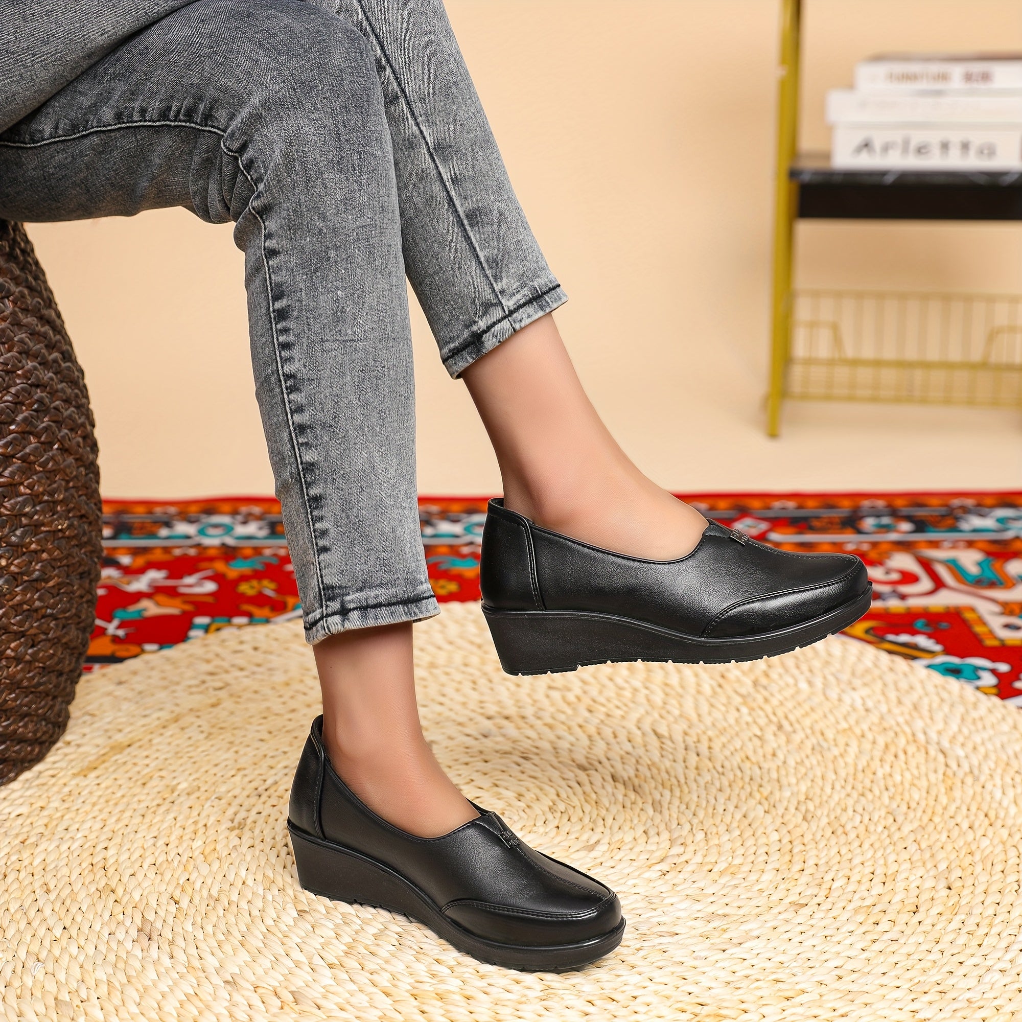 Women's Synthetic Slip-On Loafers with Wedge Heel - Casual Comfortable Flats