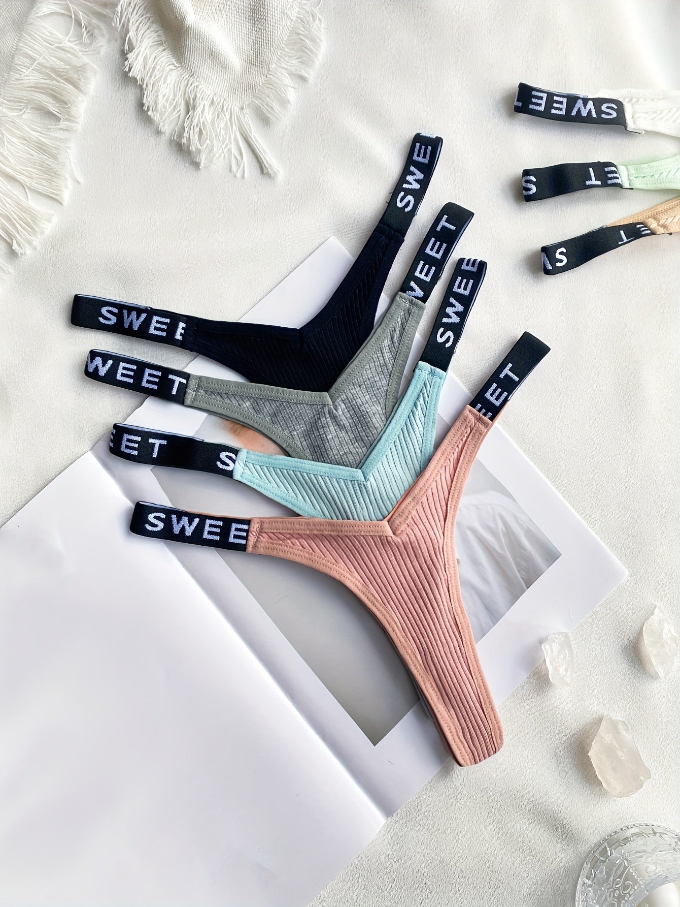 7-Piece Women's Lingerie Set with Thongs and V-Strings Solid Color High Support