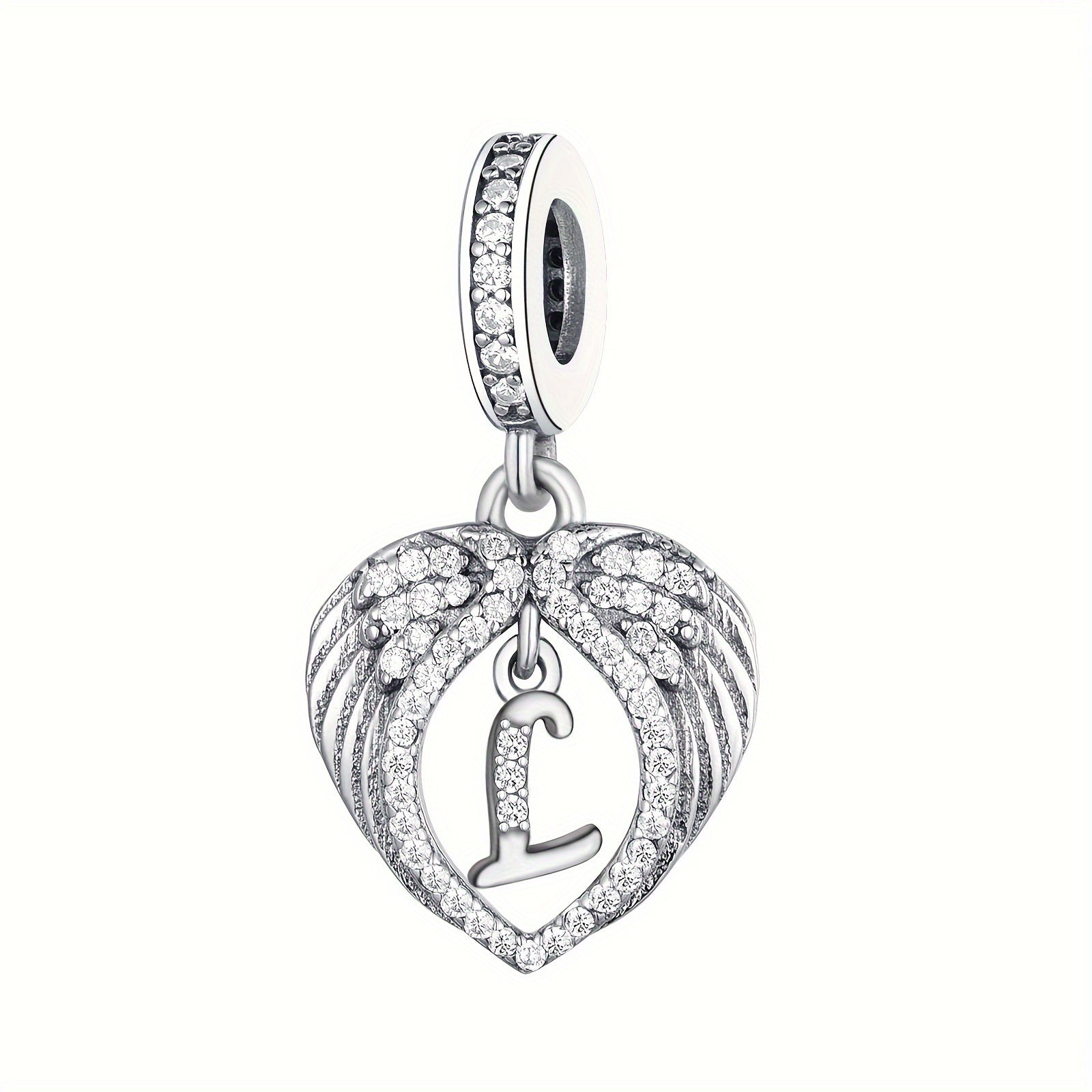 Sterling Silver Heart-Shaped Wing Pendant with Zircon Letter for DIY Jewelry
