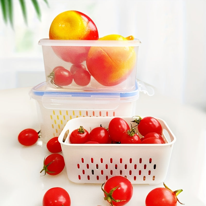 Reusable Food Storage Container Set 2/4pcs with Drain Basket and Lid for Fruits and Vegetables