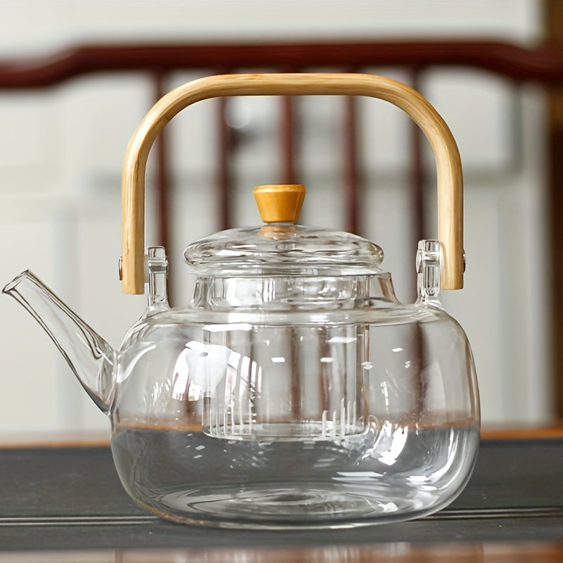 Glass Teapot with Bamboo Handle and Removable Infuser 34oz Heat-Resistant Borosilicate