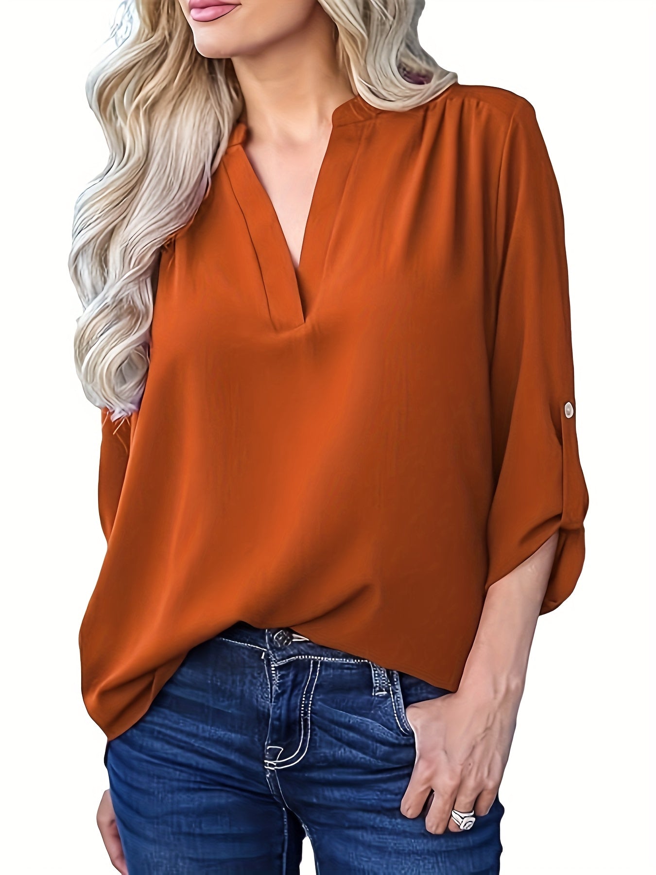 Plus Size V-Neck Blouse with Roll-Up Sleeves Solid Color Polyester Casual