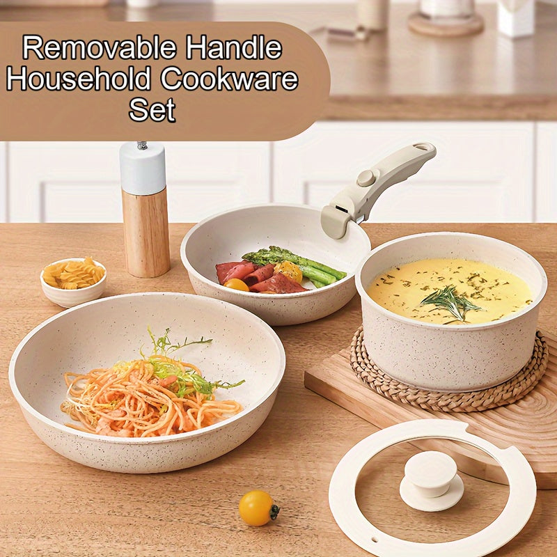 Juego de utensilios de cerámica beige de 5 piezas, antiadherente, PFOA PFAS, para autocaravana, asas removibles