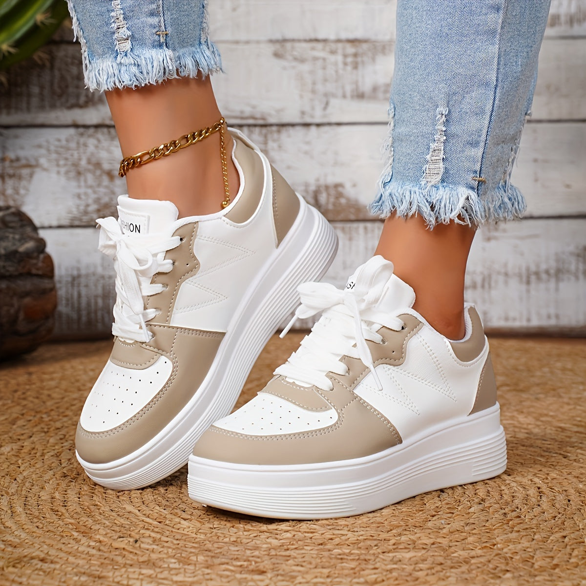 Women’s White Casual Lace-Up Sneakers Flat Shoes with Thick Sole