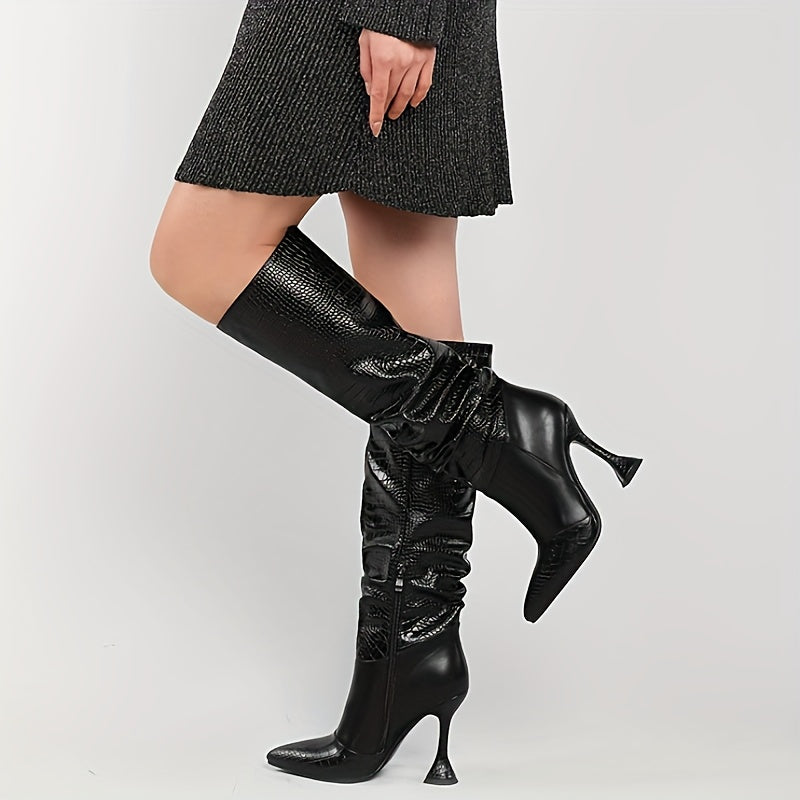 Women's Faux Leather Knee-High Boots with Pointed Toe and Zipper