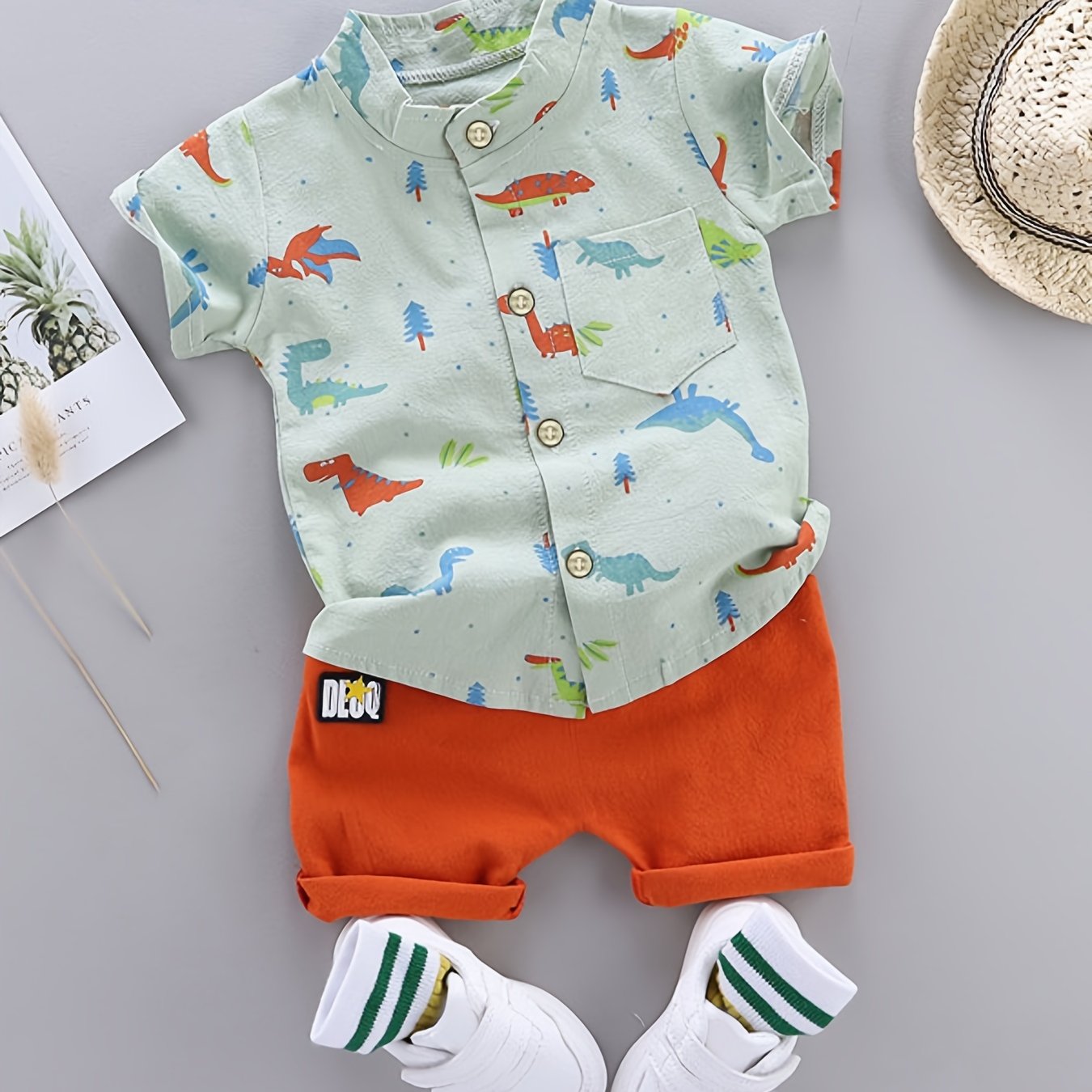 Toddler Boys' Cotton Dinosaur Print Short Sleeve Shirt and Elastic Waist Shorts Set