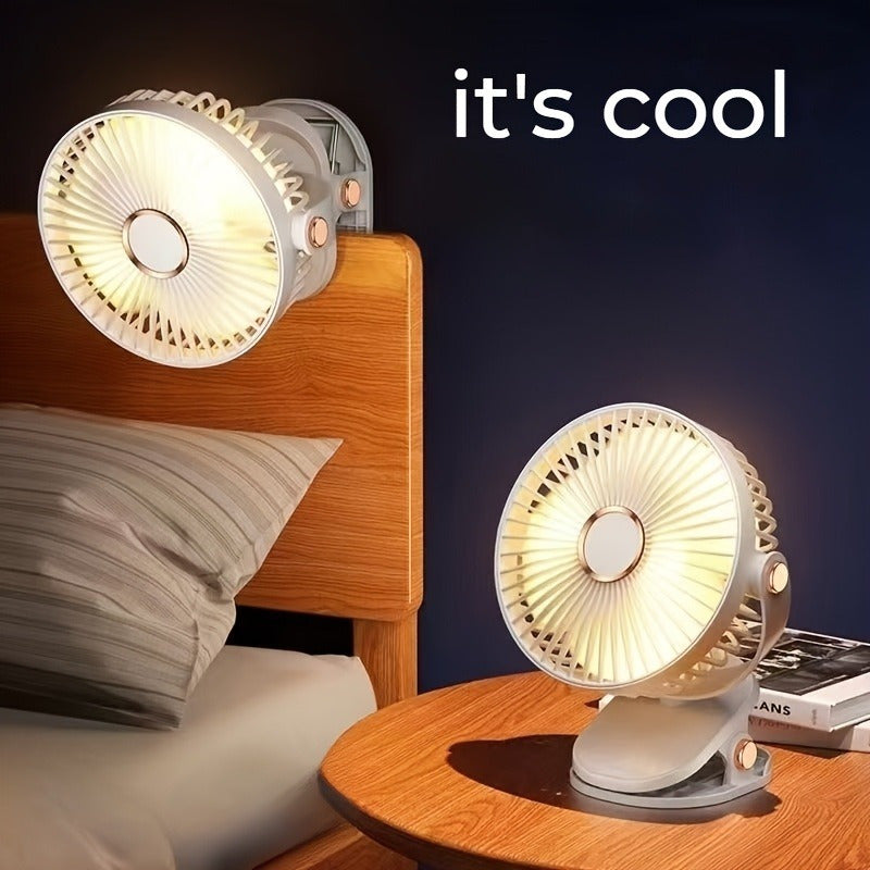 Portable Desk Fan with 360° Rotation, 5 Speeds, USB Rechargeable Battery, Quiet Operation, Night Light, Clip Stand