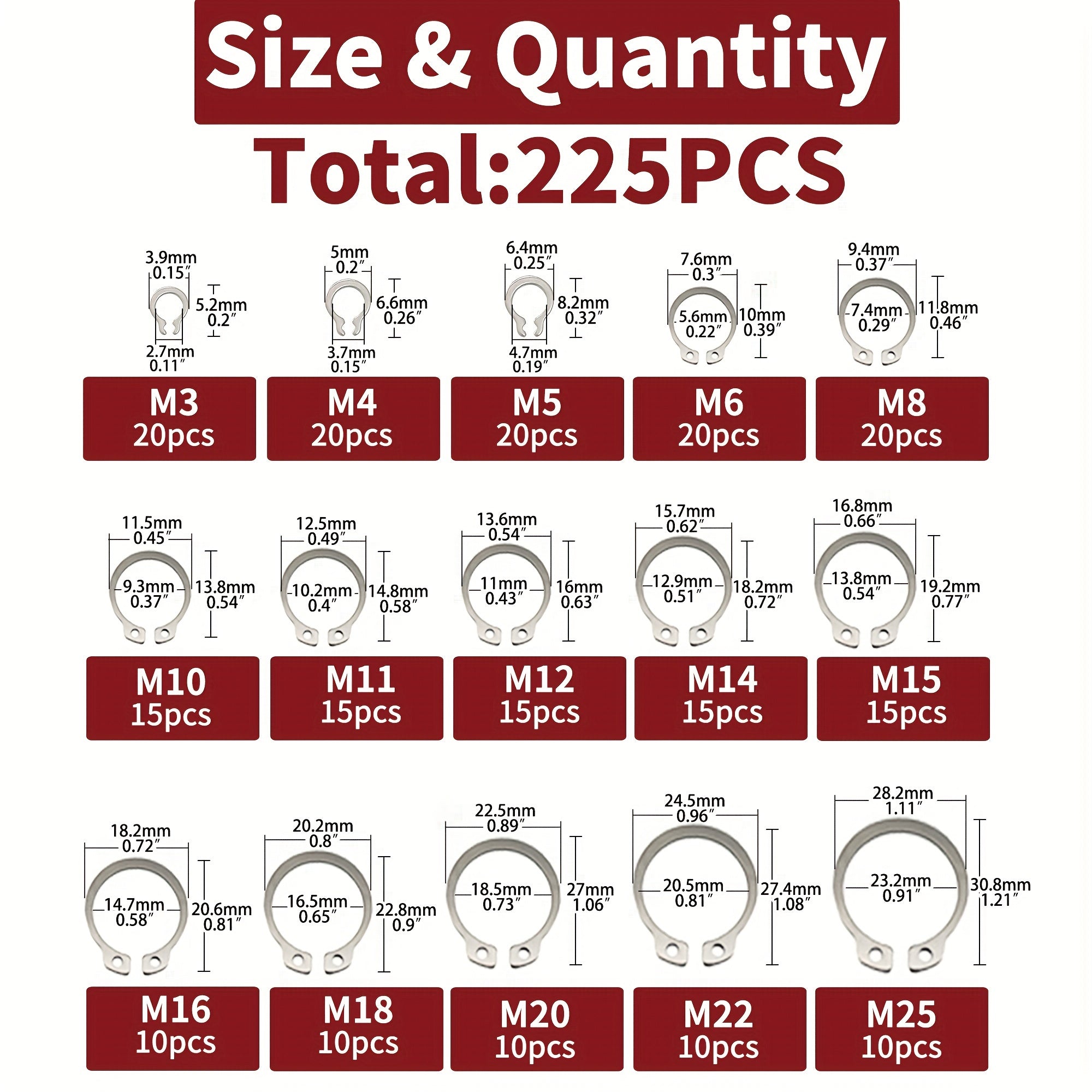 225-Piece Stainless Steel External Retaining Ring Kit for Shaft Assembly M3-M25