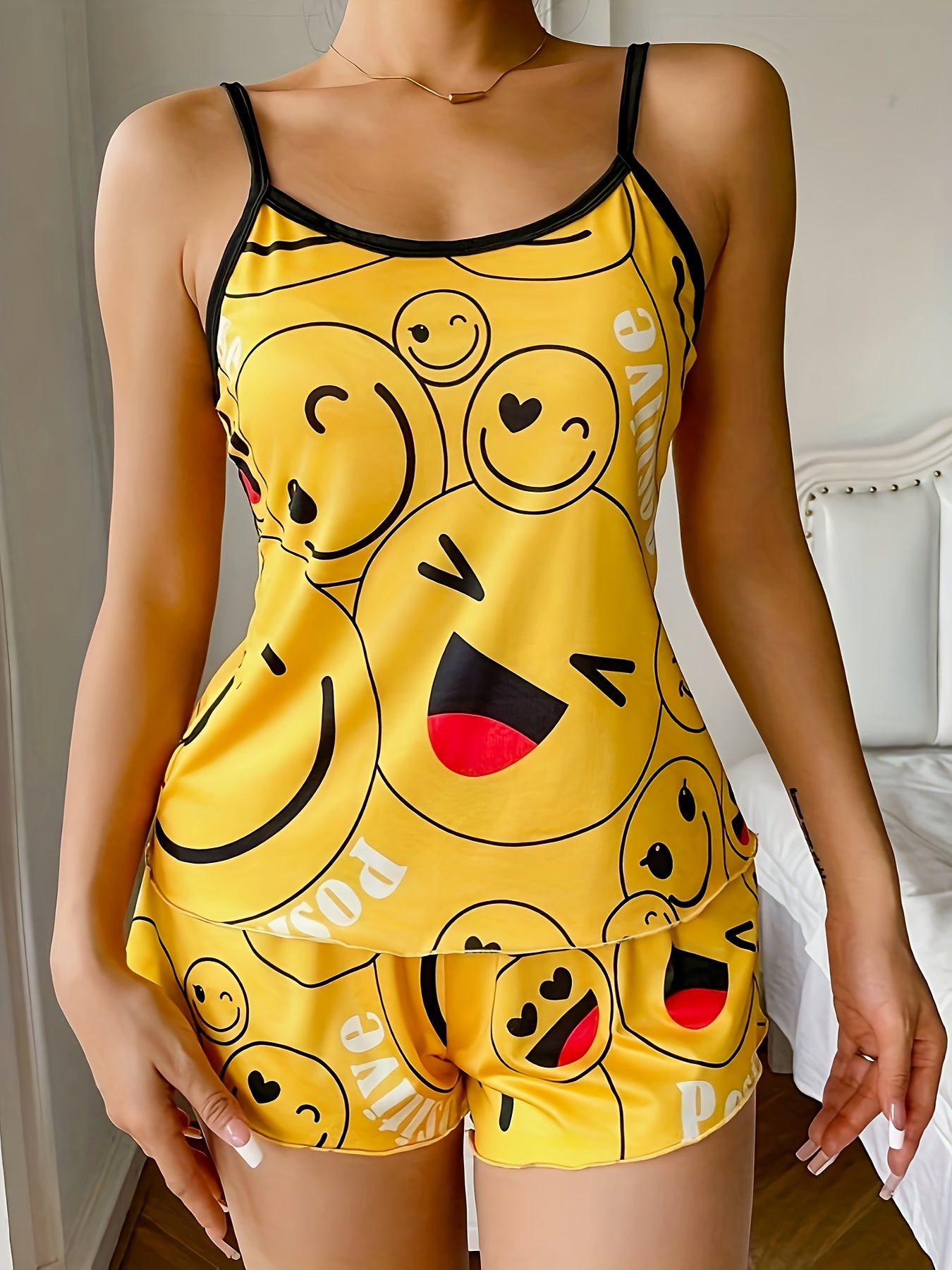 Women's Smiling Face Print Pajama Set with Frill Trim Backless Cami Top and Elastic Shorts