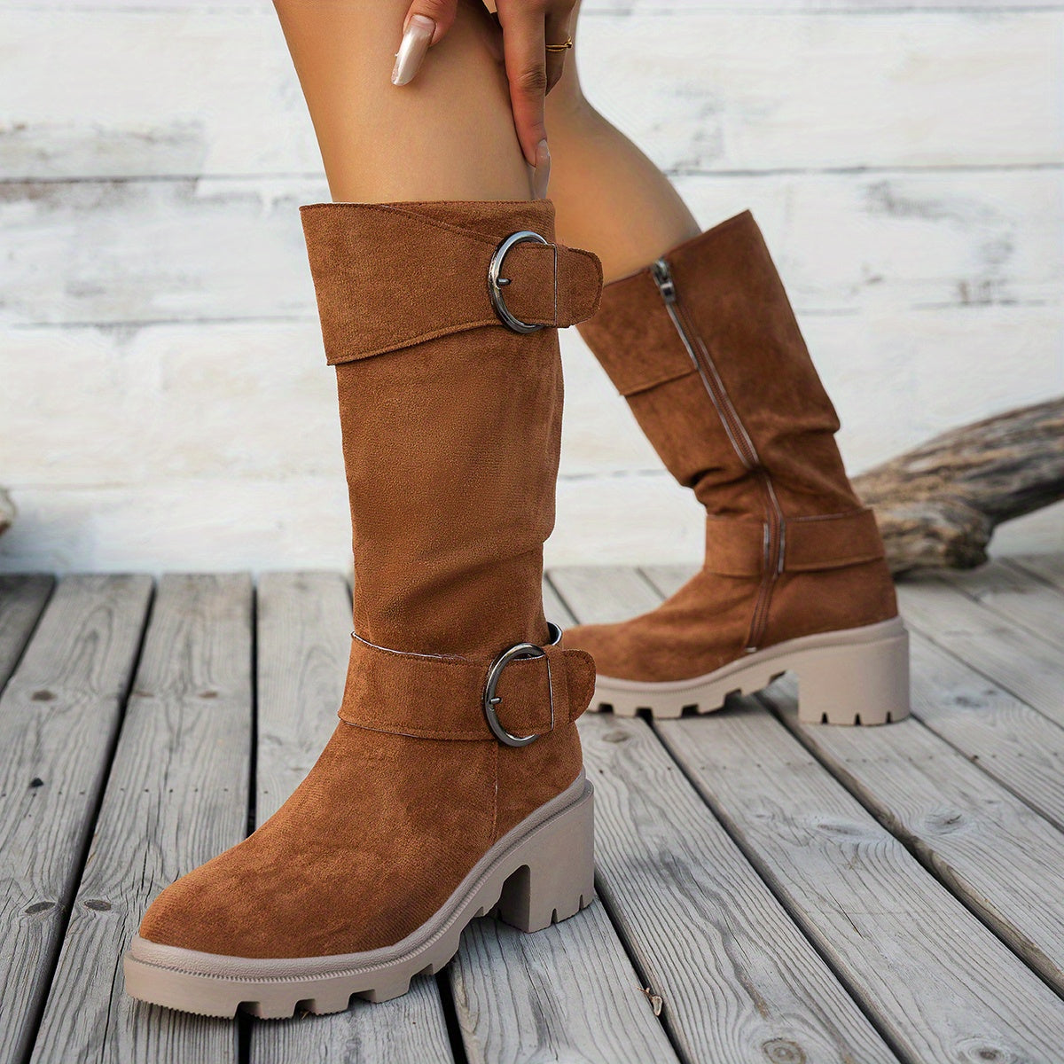 Women's Black Round Toe Mid-Calf Western Boots with Chunky Heel