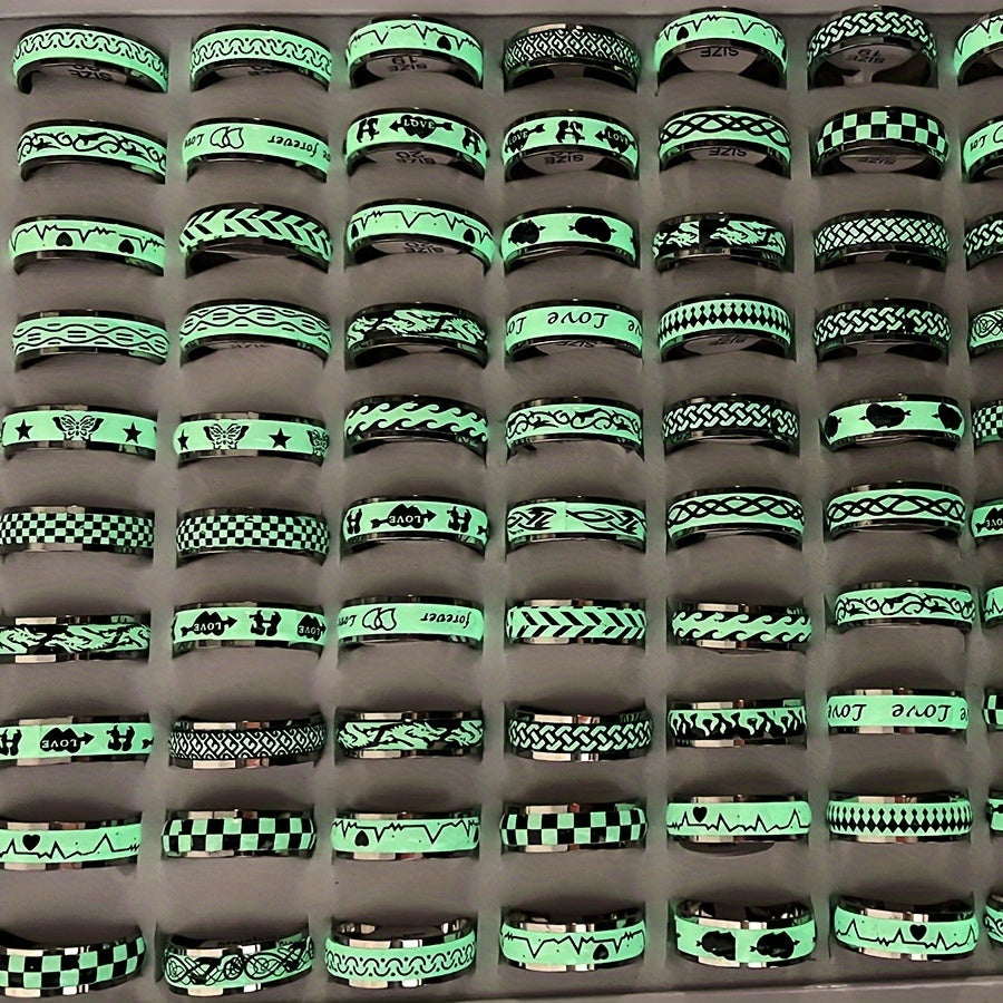Glow-in-the-Dark Stainless Steel Rings Set of 10 or 20 for Punk and Hip Hop Style