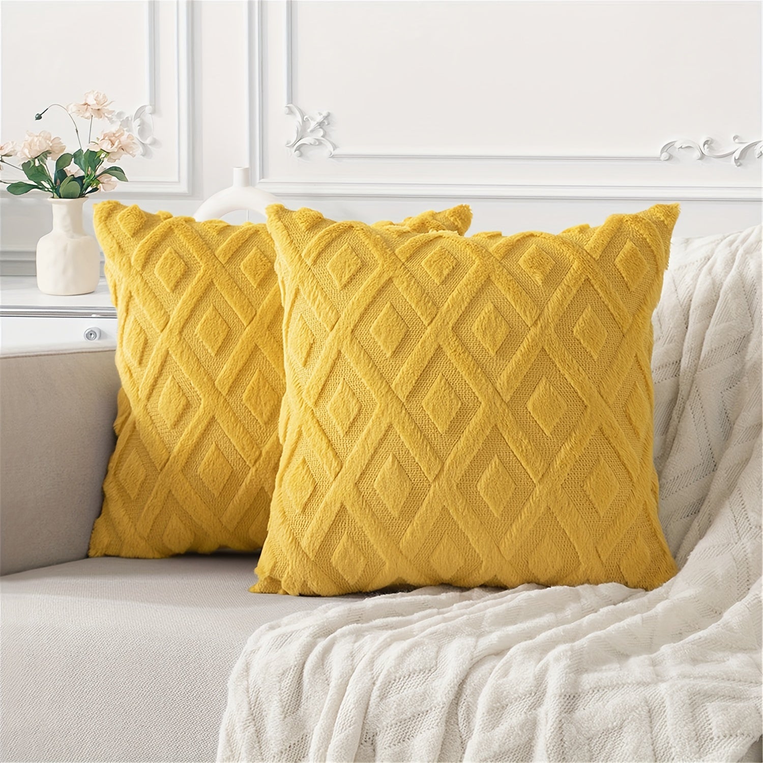 Beige Faux Wool Throw Pillow Covers 18x18 Inches for Couch Sofa Decor