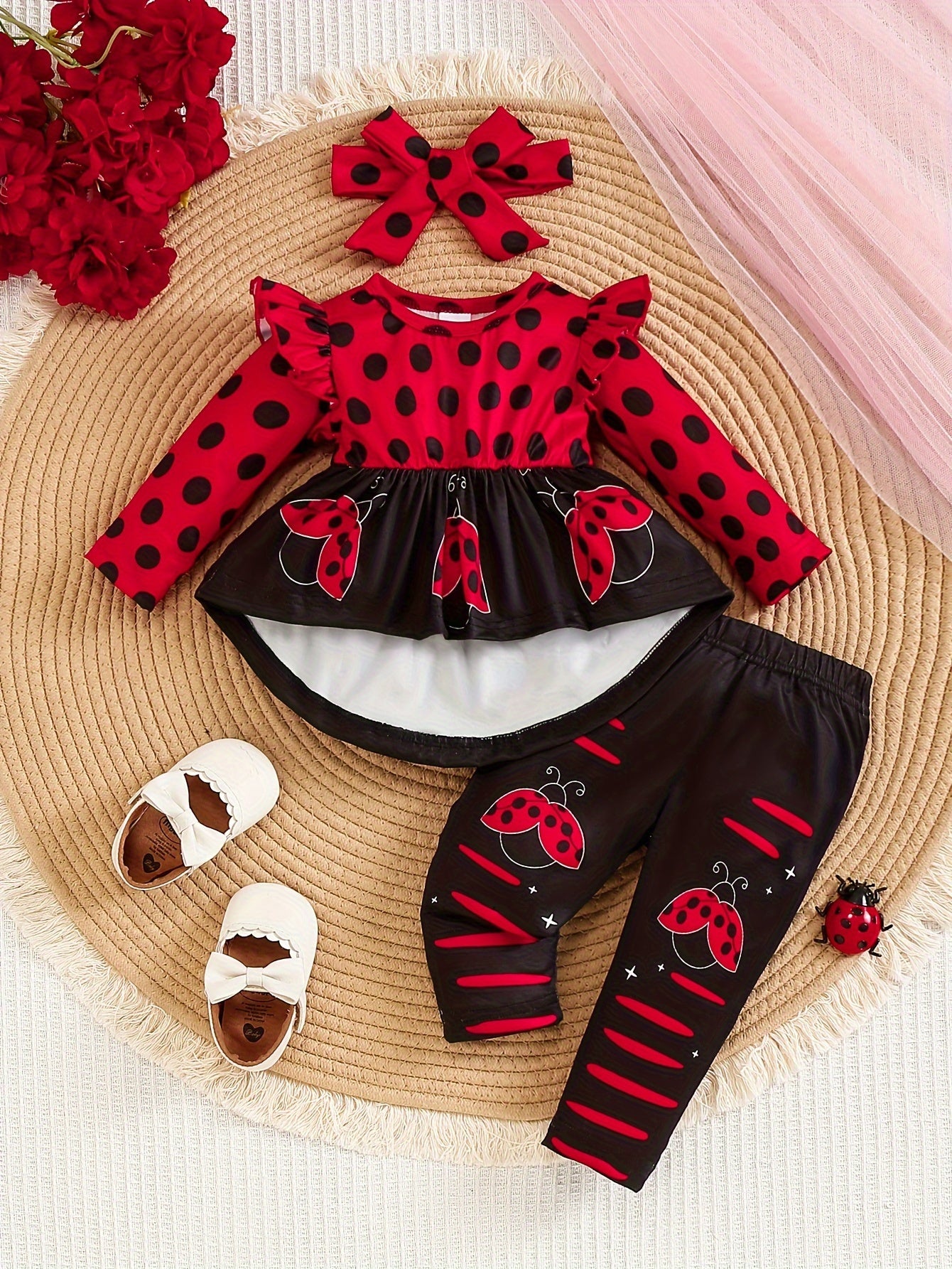 Toddler Girl Ladybug Print Polyester Outfit with Long Sleeve Crew Neck Pullover and Pants