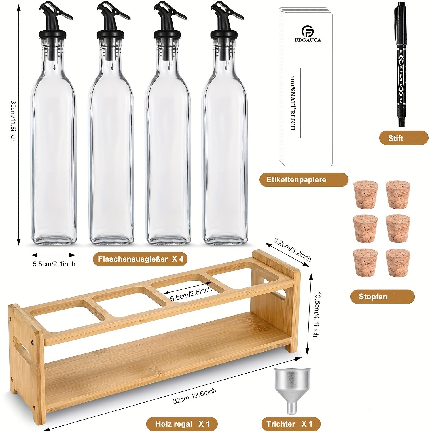 Set of 4 Oil and Vinegar Bottles with Bamboo Rack, 500ml Glass Canisters