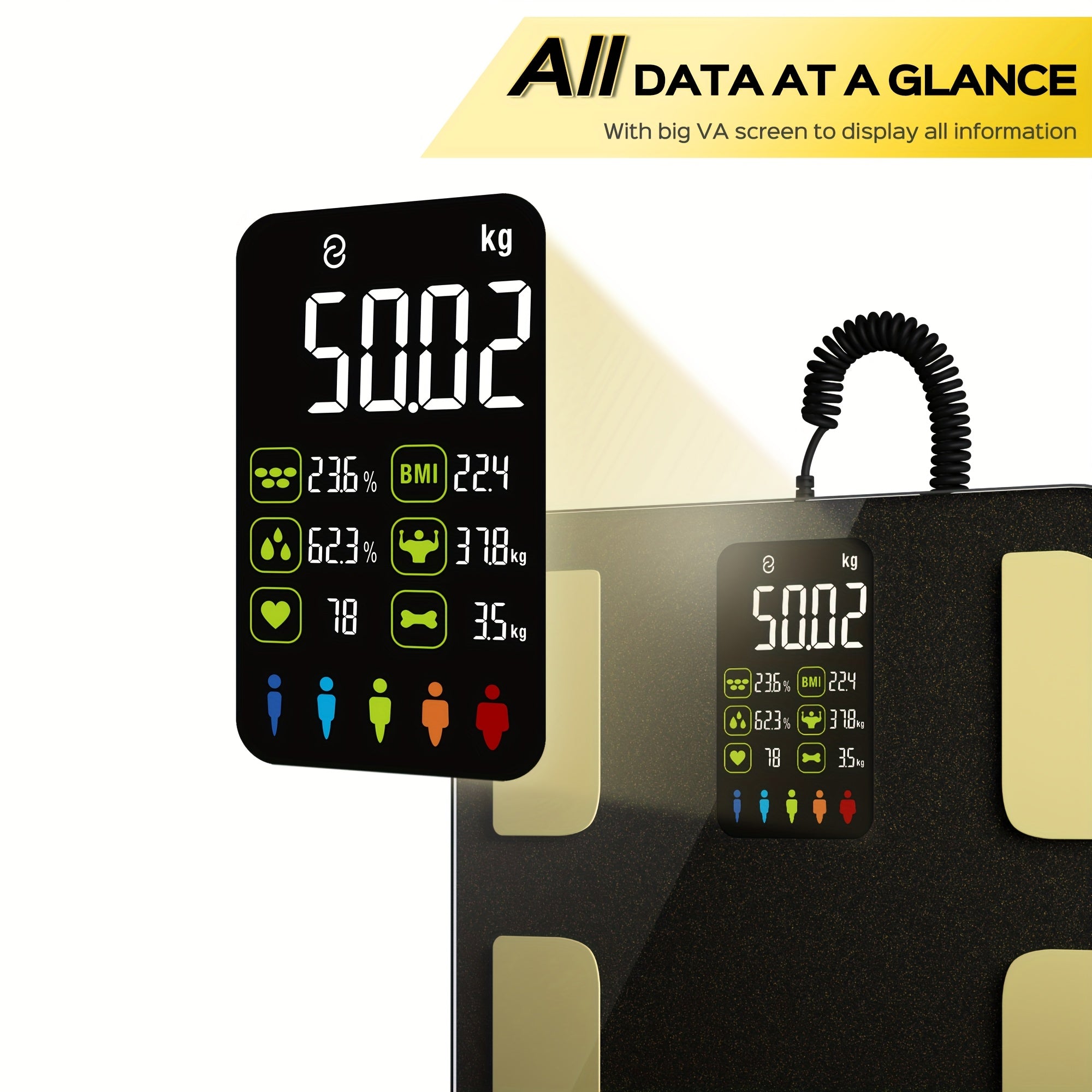 8 elektrodli LCD uy shkalasi, tortib olinadigan tutqich, 181.44 KG sig'imi bilan.