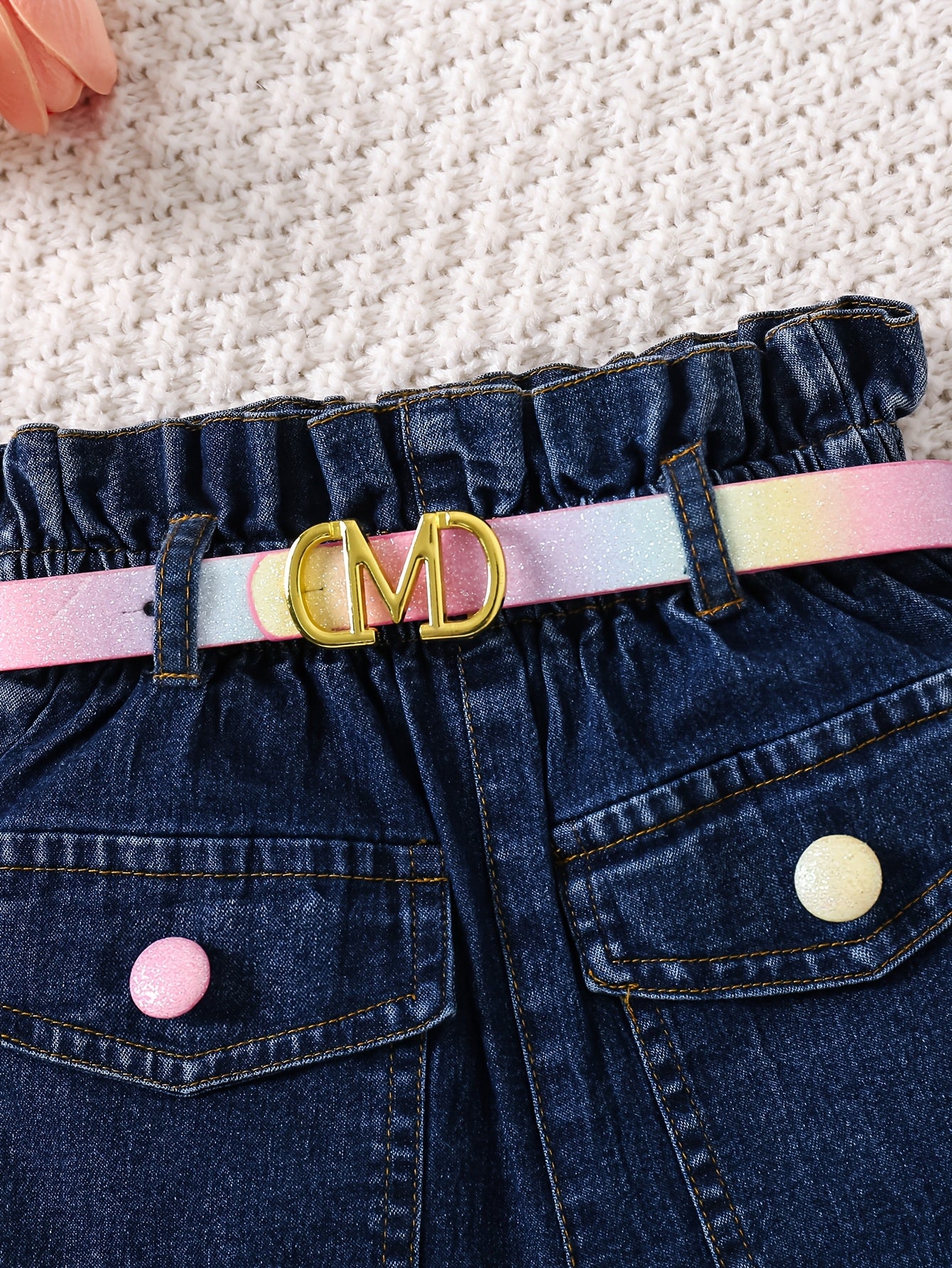 Girls' High-Waist Denim Shorts with Adjustable Belt and Pockets for Spring Summer Fall