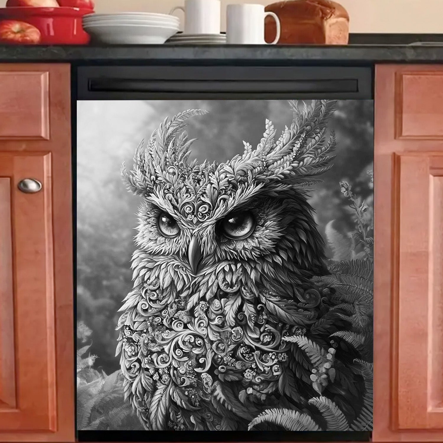 Owl Dishwasher Magnet Cover Metal Panel Waterproof Floral Design