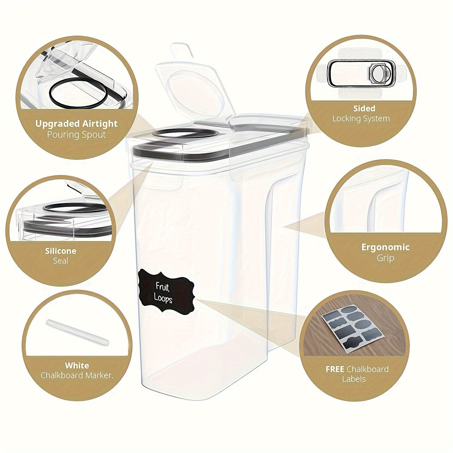 4 ta donli saqlash idishlari to'plami, BPA dan ozod plastikdan tayyorlangan, havo o'tkazmaydigan muhr, 2.5L/88 Oz sig'im, don, atıştırmalıklar va shakar uchun ideal. Qora rangli chalkboard yorliqlari bilan 4 ta dispenserni o'z ichiga oladi.