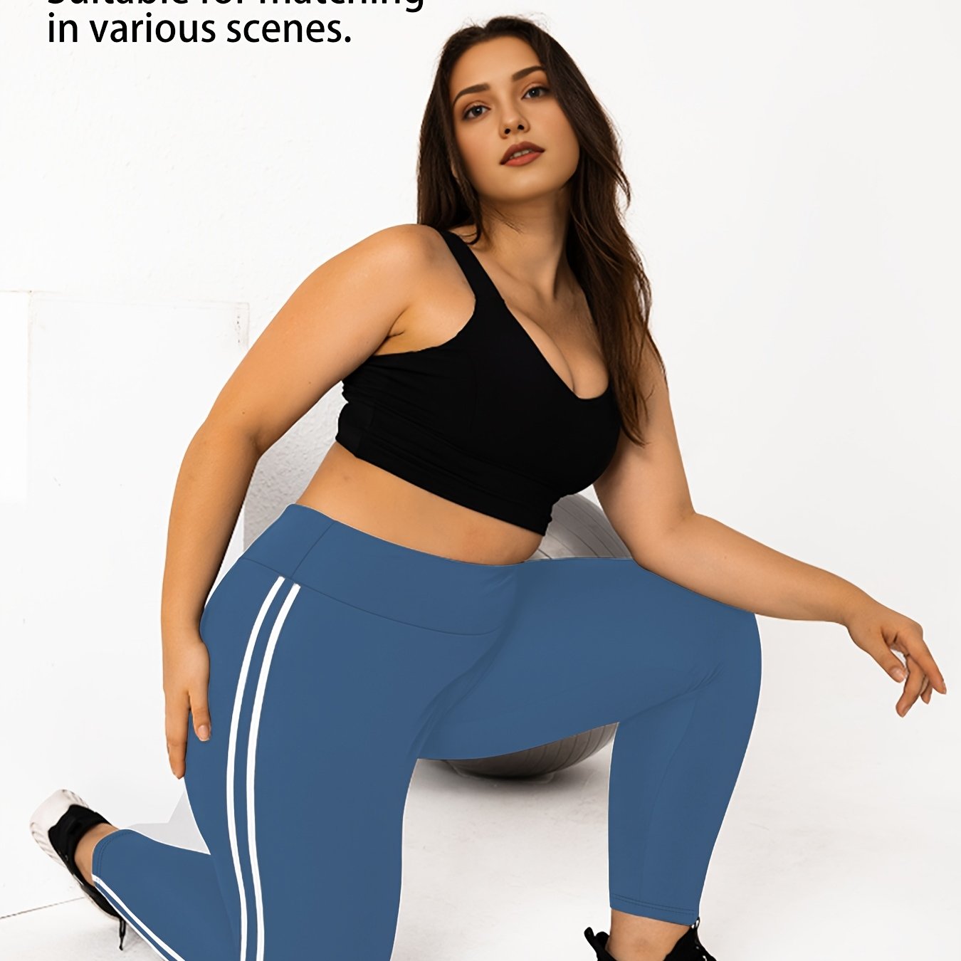 Women's Plus Size High-Waisted Cropped Leggings with Side Stripes Black Blue