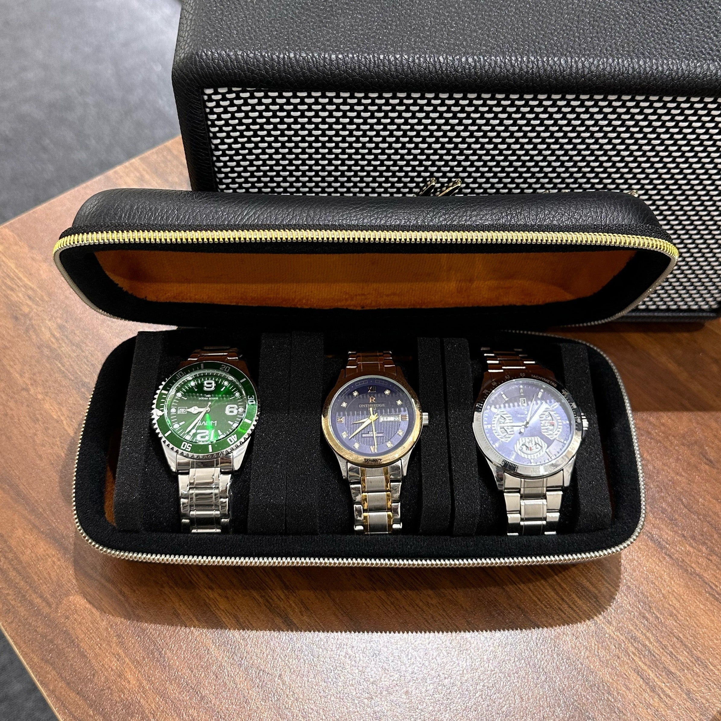 Black Watch Travel Case with 3 Slots, Watch Roll Organizer for Men Women