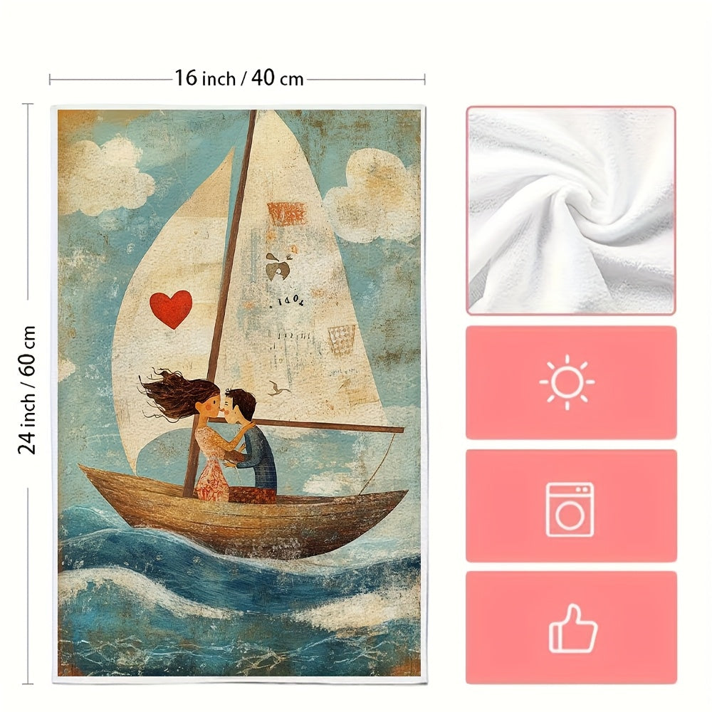 Two Pieces Ultra Soft Kitchen Towels Sailing Heart Illustration Absorbent Quick Dry