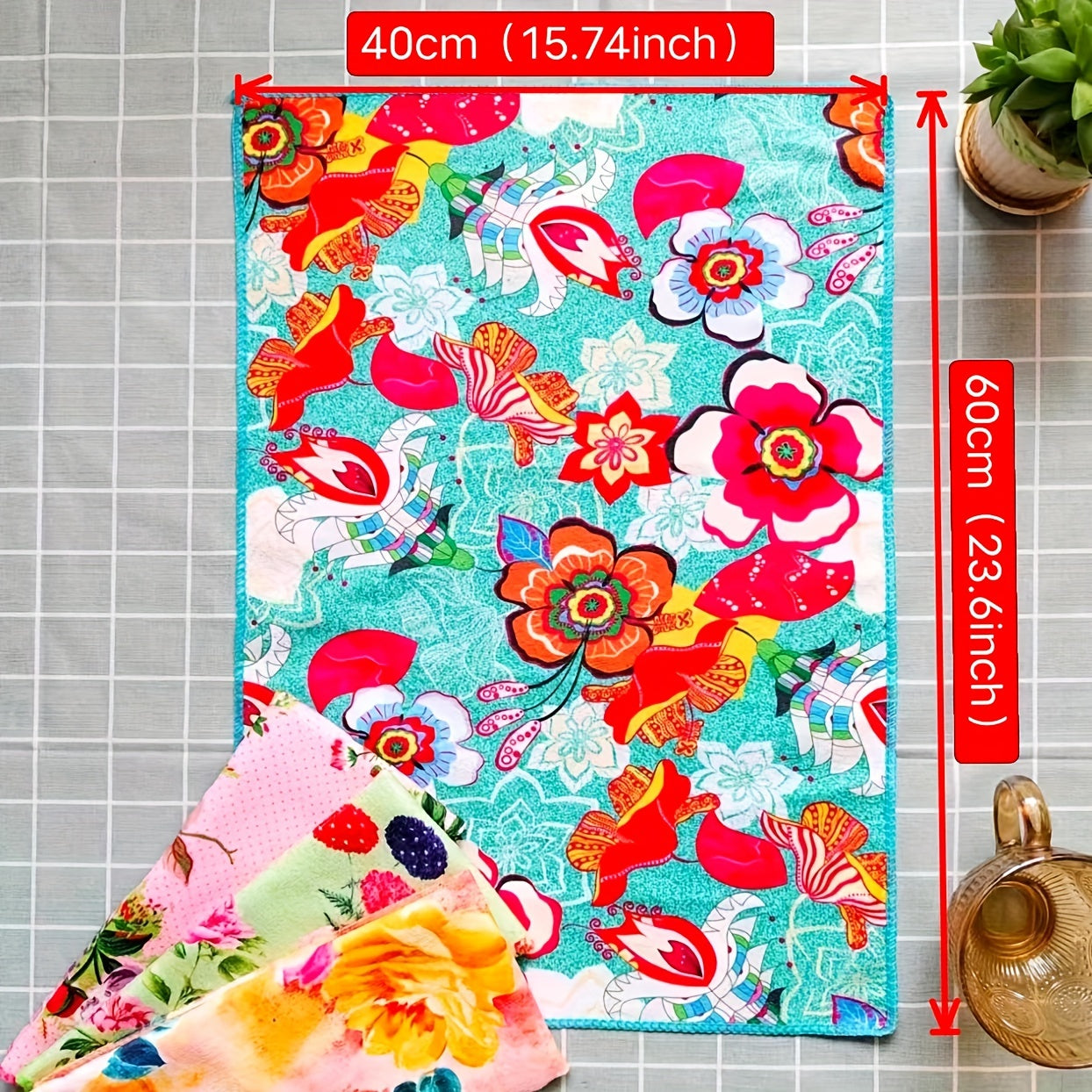 Set of Four Microfiber Kitchen Towels Floral Print 40x60cm Absorbent Lint-Free