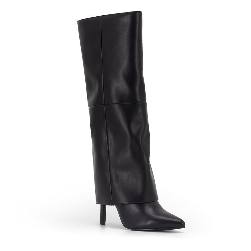 Women's Faux Leather Black Pointed Toe Knee-High Heel Boots for Dress & Casual