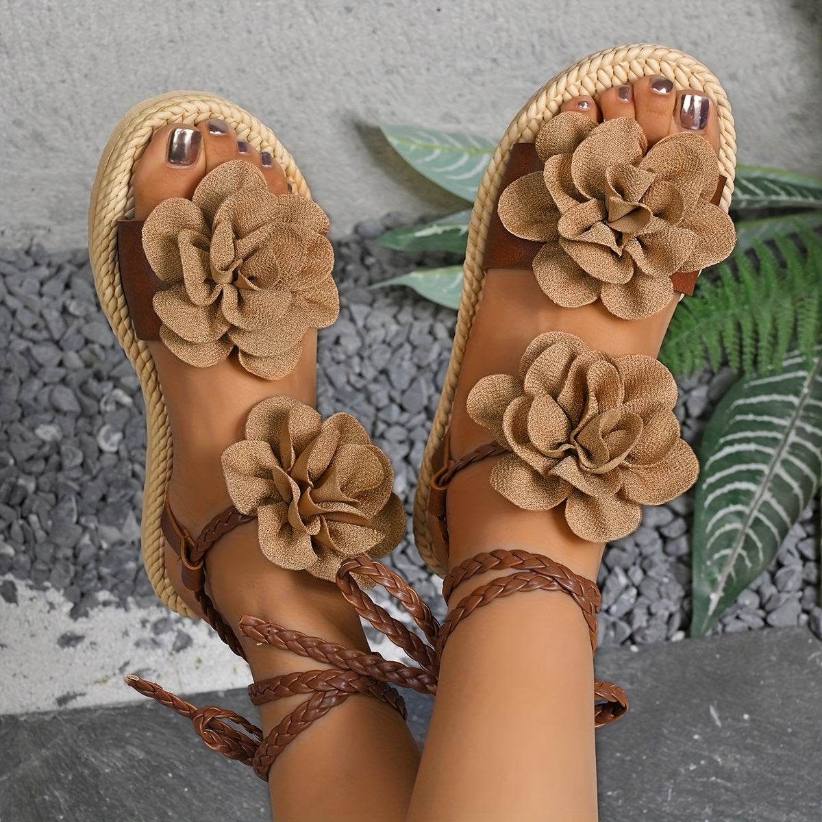 Women's Double Floral Ankle Strap Sandals Lightweight Flat Summer Beach Shoes