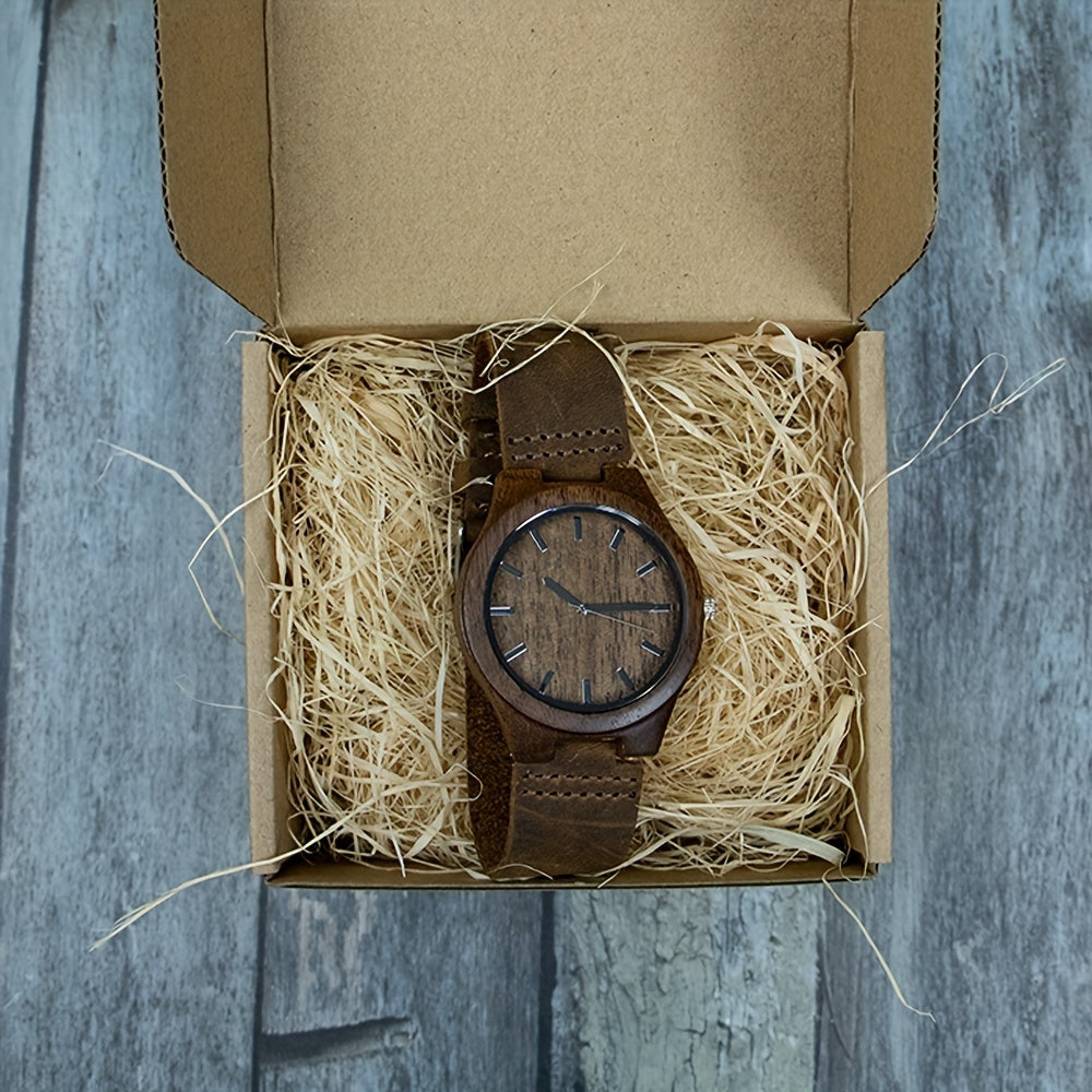 Men's Natural Walnut Wood Wrist Watch with Leather Band Gift Idea