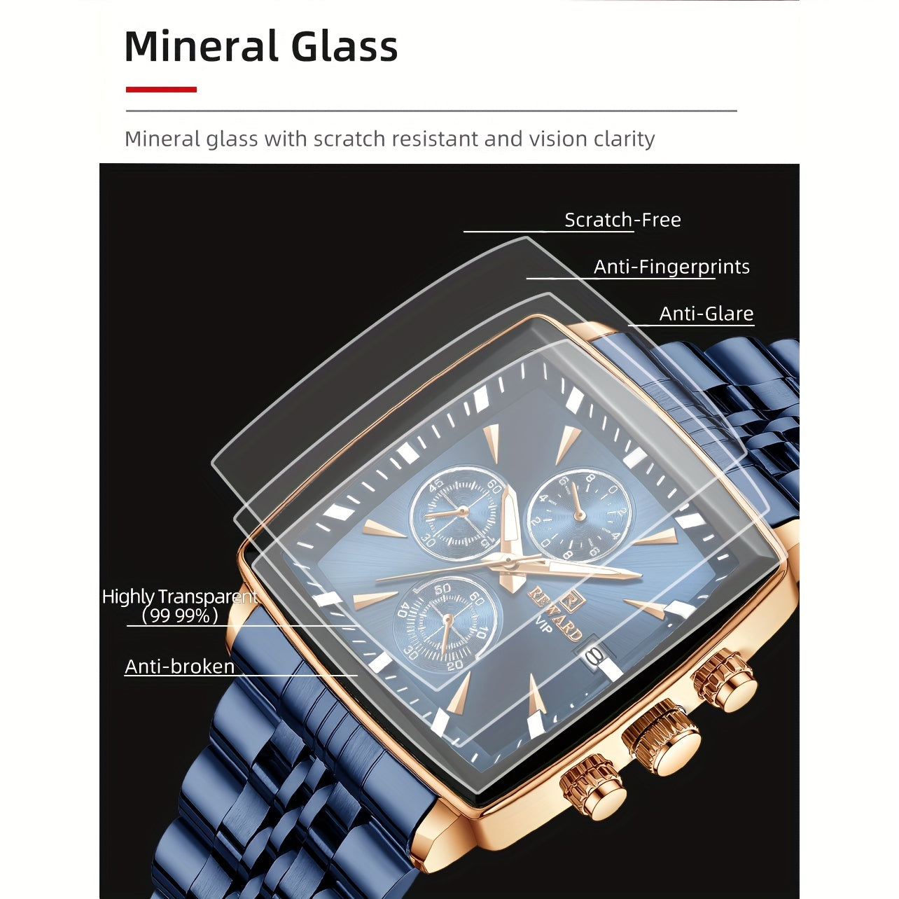 Men's Luxury Watch Blue Rectangle Quartz Wristwatch with Luminous Hands