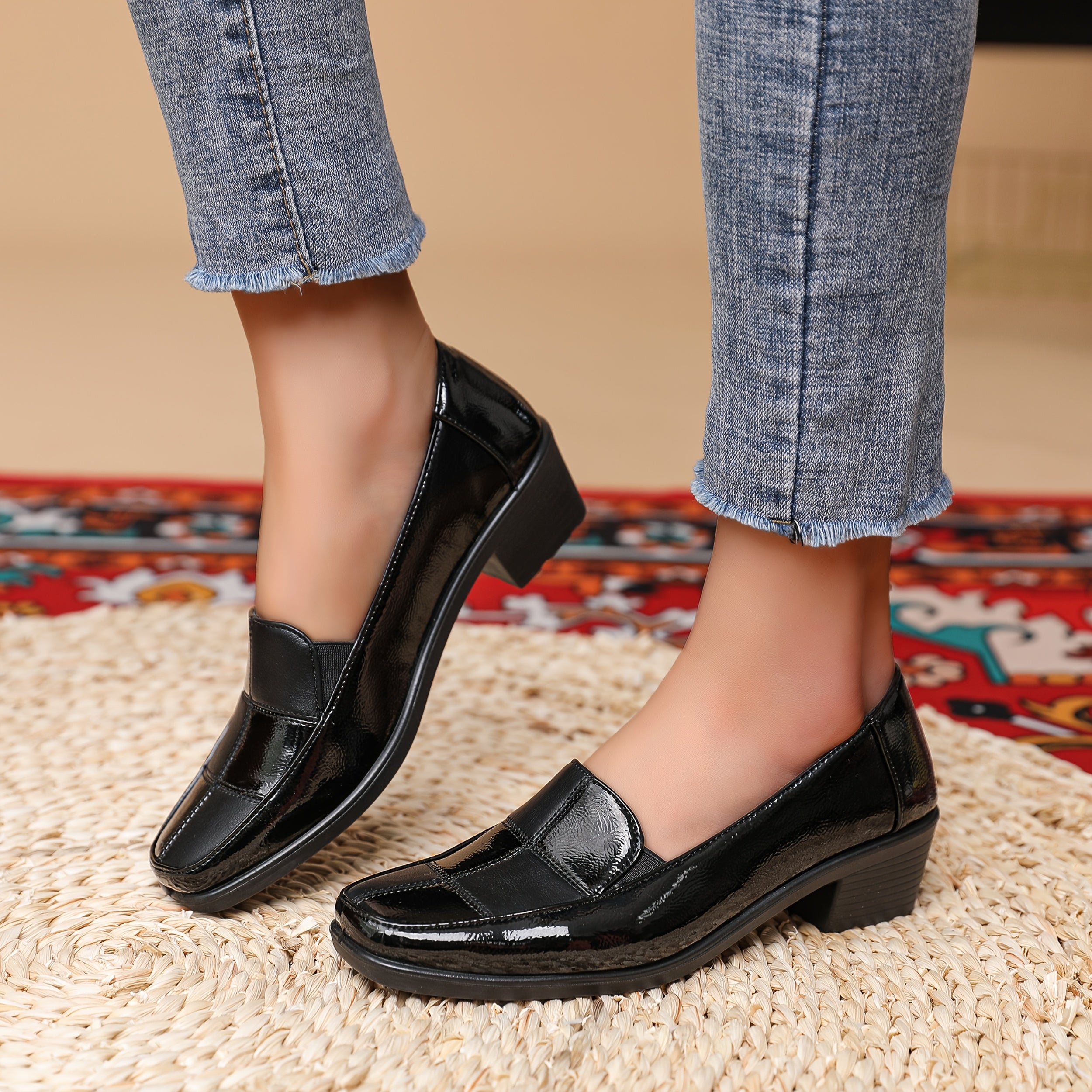 Women's Black Chunky Heel Square Toe Slip-On Shoes
