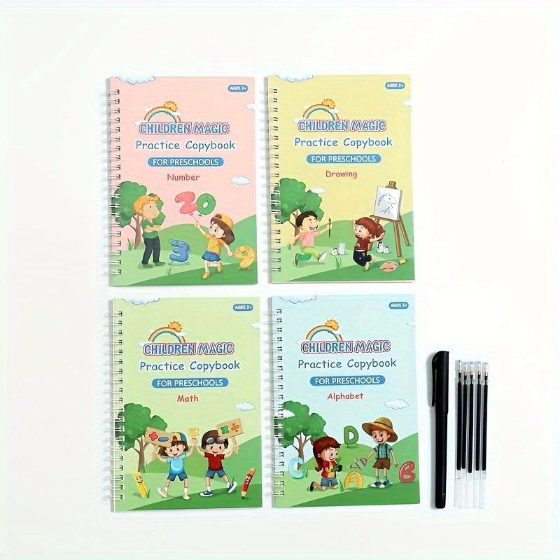 Conjunto de práctica de escritura educativa para niños en edad preescolar, cuaderno encuadernado en espiral con bolígrafo, alfabeto, números y suma