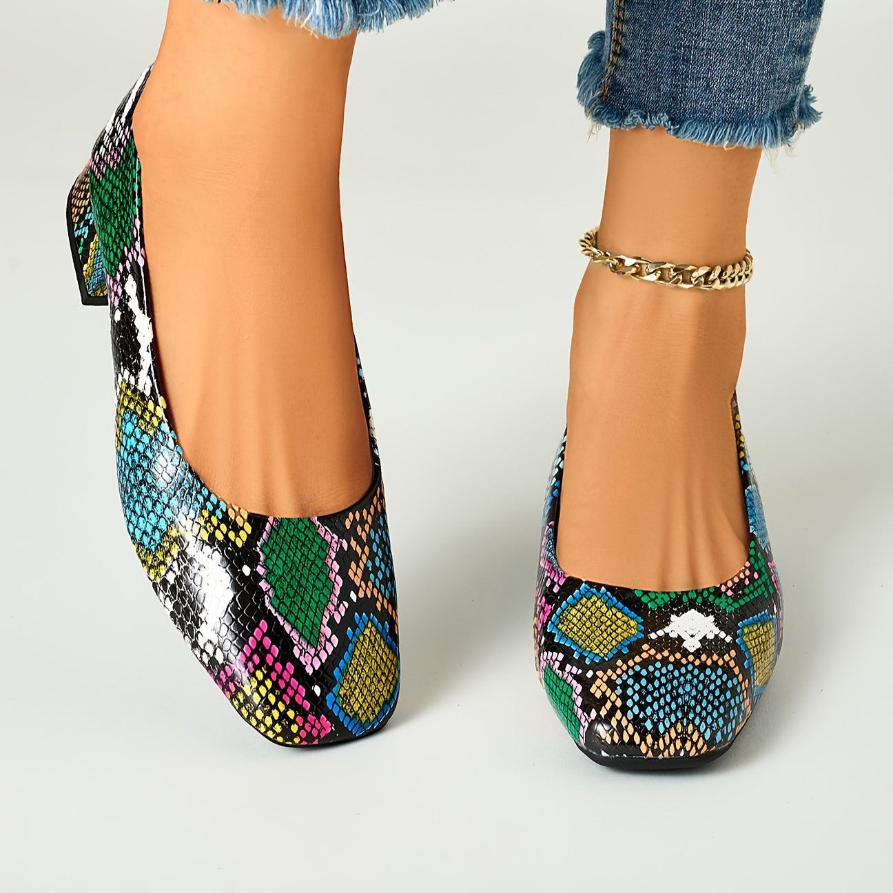 Women's Square Toe Pumps with Mid Heel and Rubber Sole