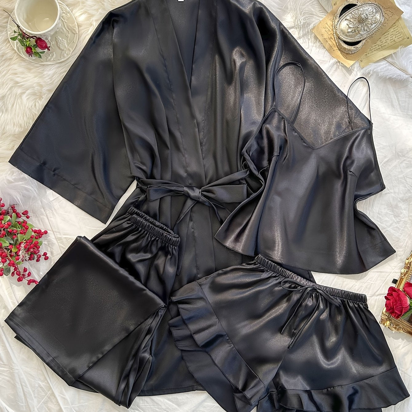 Women's V-Neck Sleepwear Set with Long Pants 4 Pieces Polyester Solid All-Season