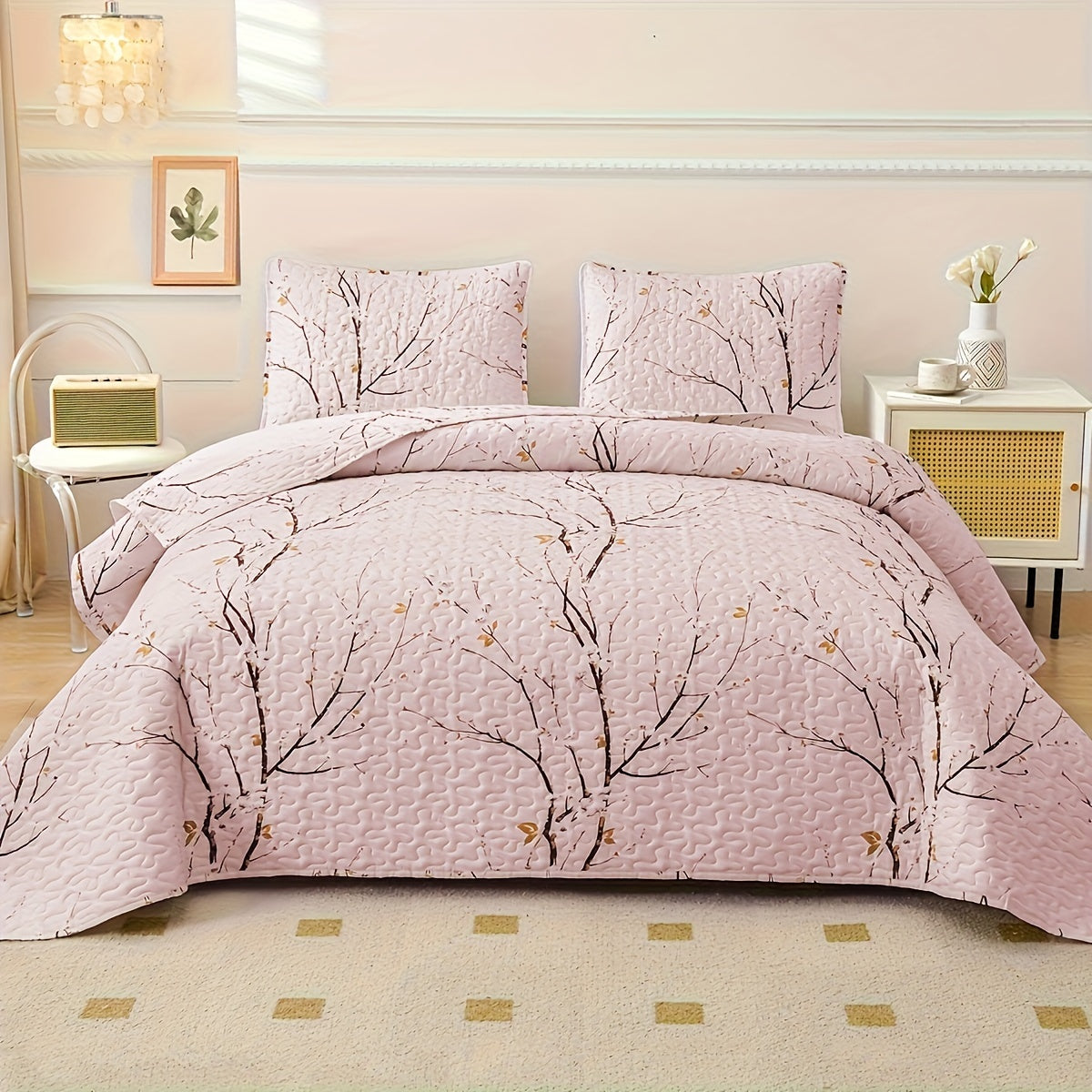 Elegant Plum Blossom Bedding Set 3 Pieces Quilt and Pillowcases Breathable Soft for All Seasons
