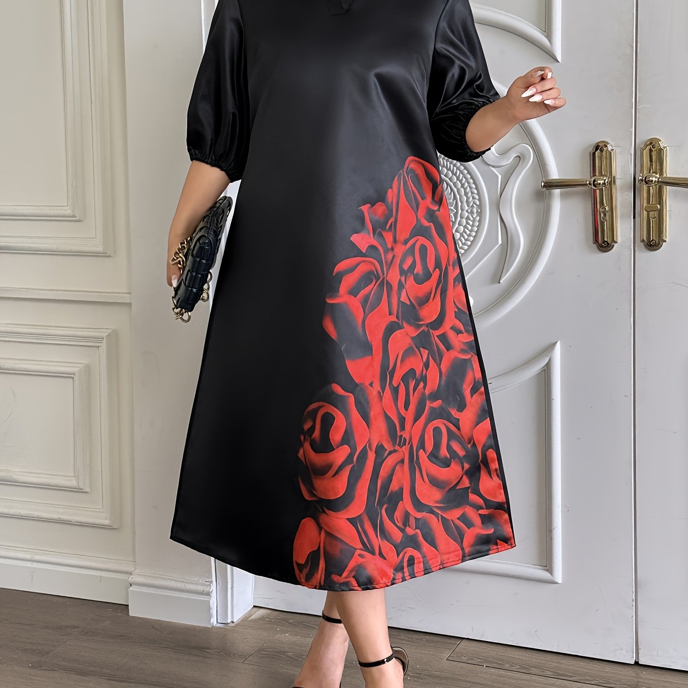 Women's V-Neck Dress with Red Rose Print and Midi Length in Polyester