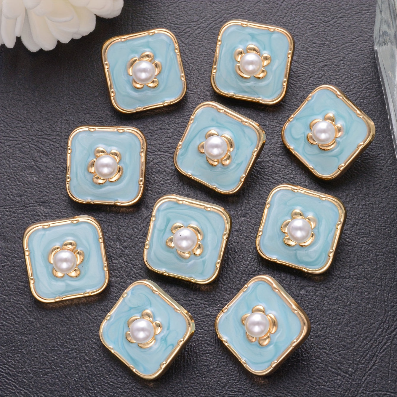Set of 10 Square Alloy Buttons with Pearls and Flowers for Sewing Crafts and Clothing Accessories
