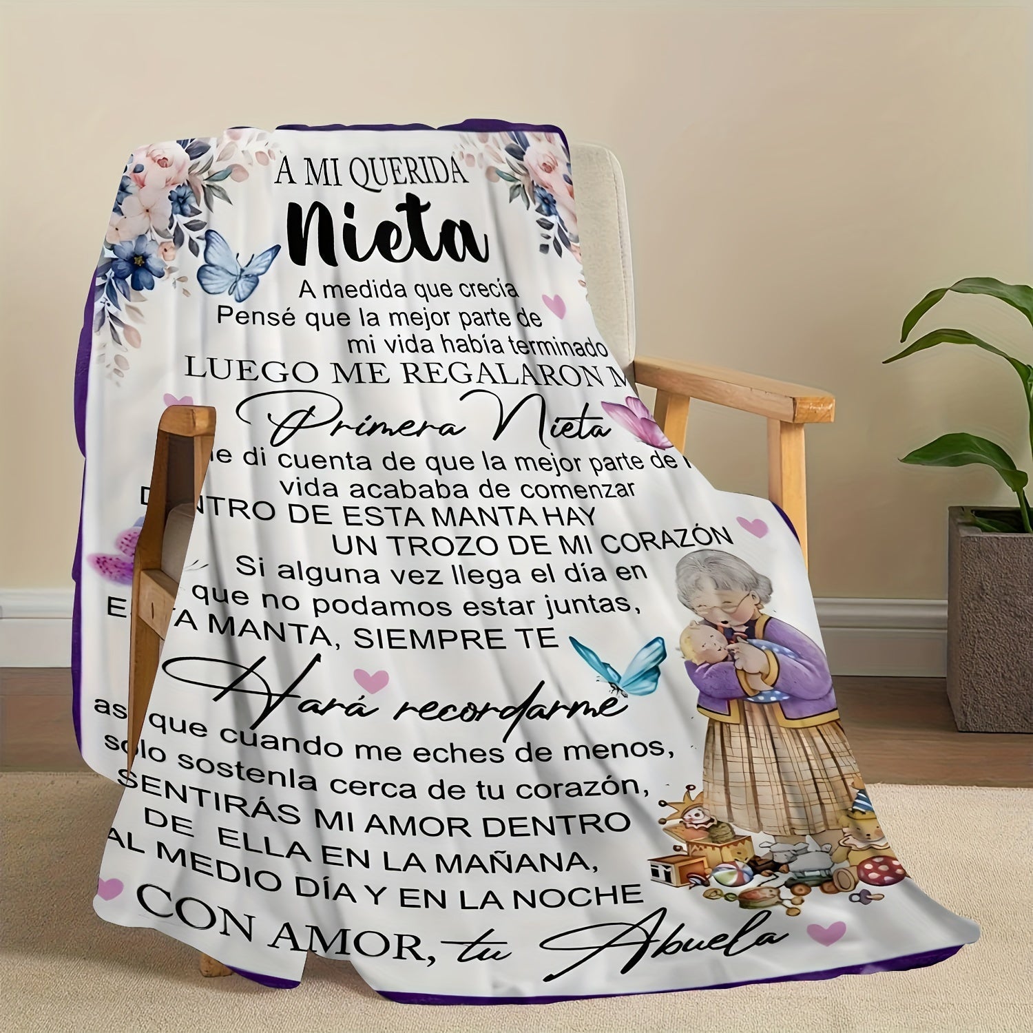 Ultra-Soft Flannel Throw Blanket with Heartwarming Message Purple Floral Butterfly Design All-Season Comfort Gift