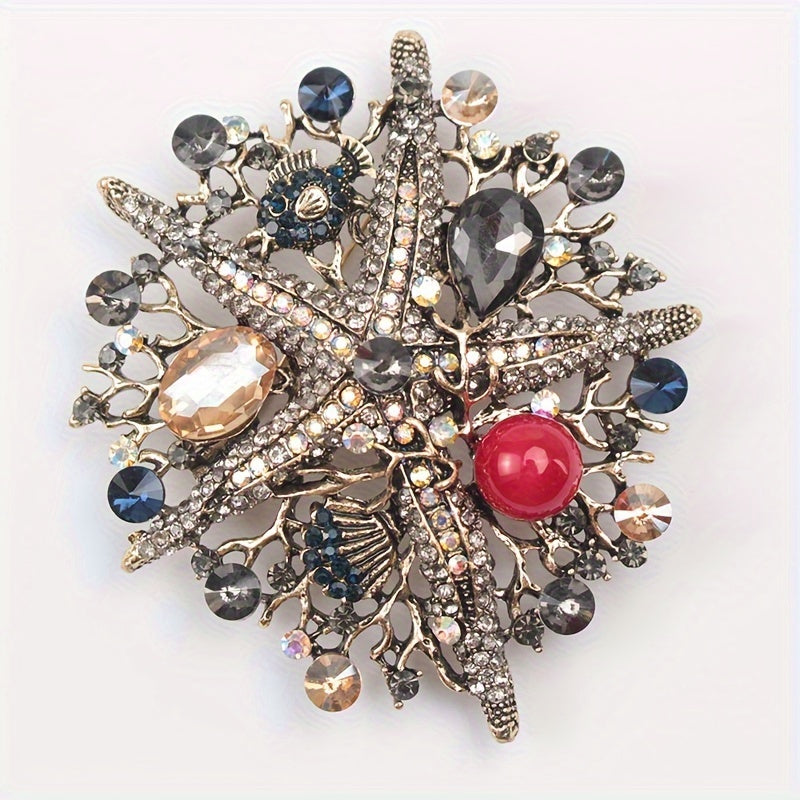 Ocean-Themed Starfish Rhinestone Brooch Pin with Faux Pearl Details for Women