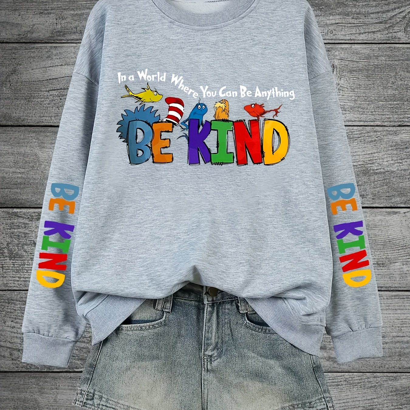 Plus Size Animal Alphabet Print Sweatshirt Casual Crew Neck Pullover Polyester Knit Fall Winter Cozy Top