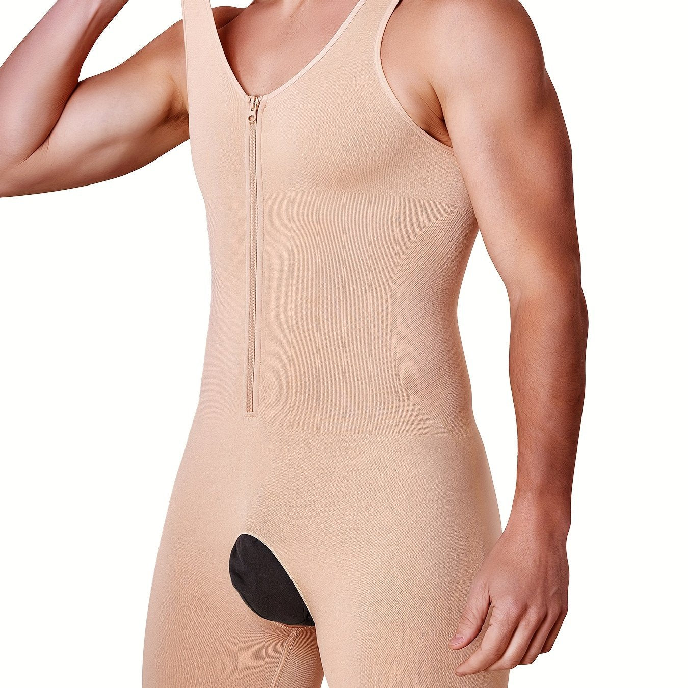 Body de control abdominal beige para hombre con cremallera, ajuste delgado, soporte de compresión