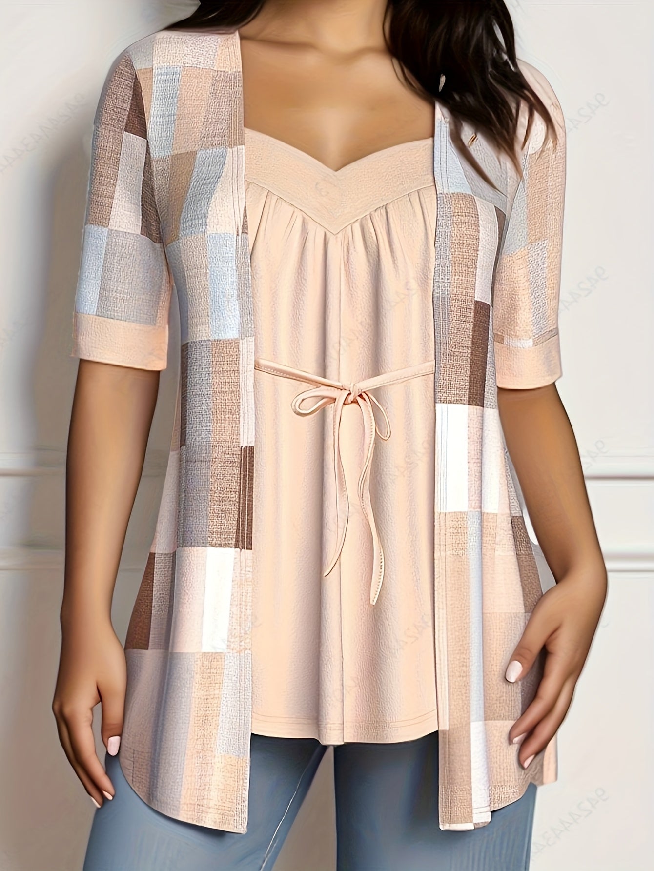 Кардиган женский в крупном размере из трикотажа с шнуровкой, геометрический принт, V-образный вырез, весна-осень