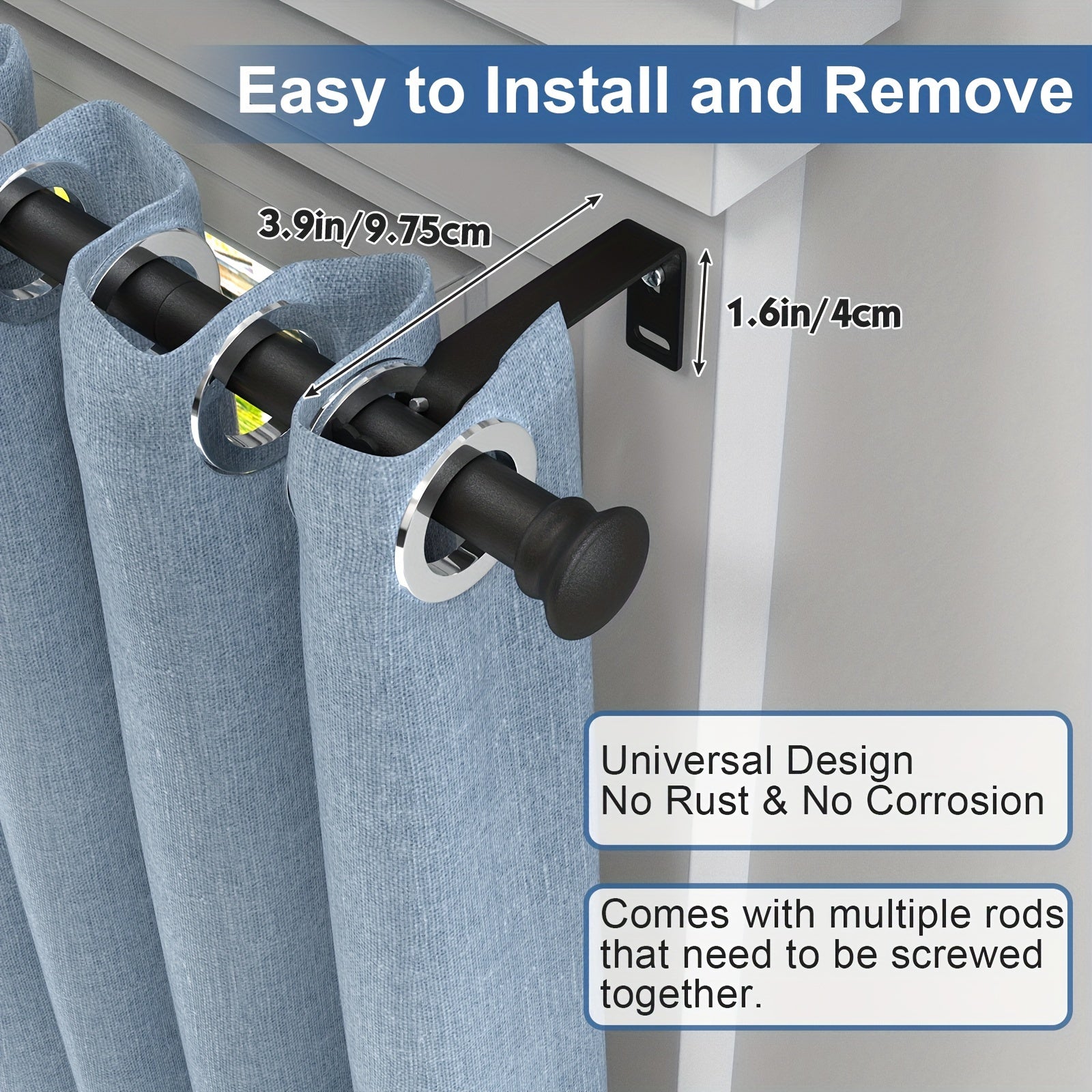 Adjustable Curtain Rod Set 30-87 Inches Matte Black Steel Support Up to 11.34 KG