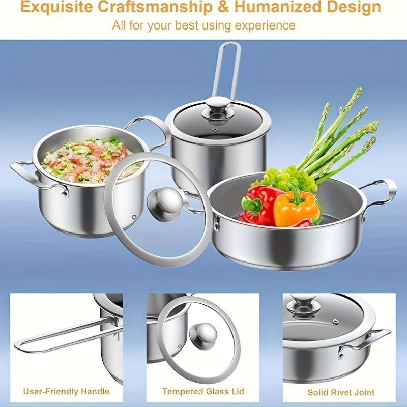 Durable 6-Piece Stainless Steel Cookware Set with Nonstick Coating and Lids