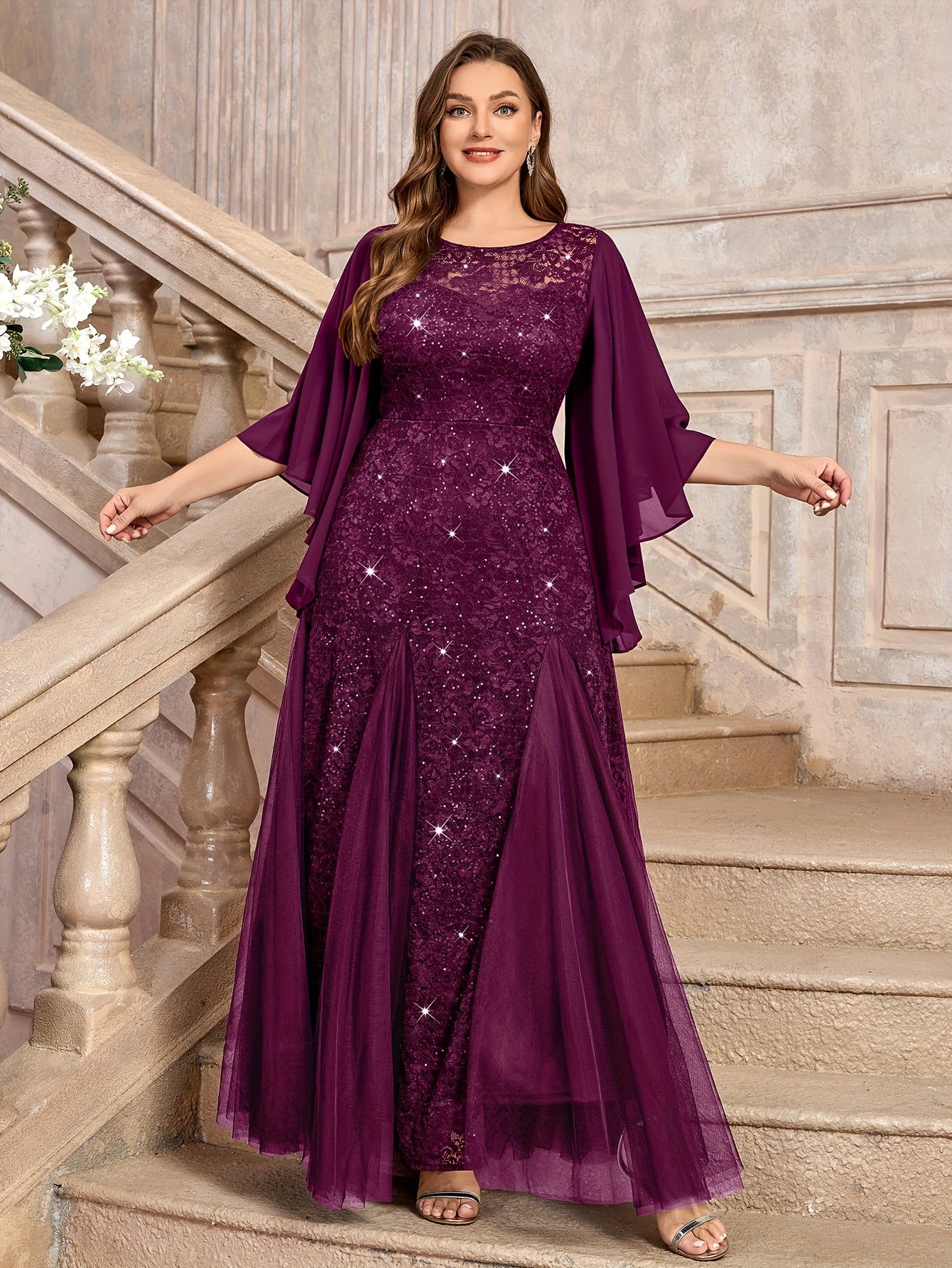 Elegant Floral Mermaid Dress with Butterfly Sleeves Sequin Lace Mesh Evening Gown