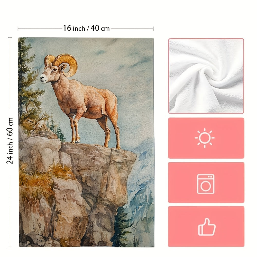 Set of 2 Ultra Soft Kitchen Towels Watercolor Bighorn Sheep Climbing Cliffs